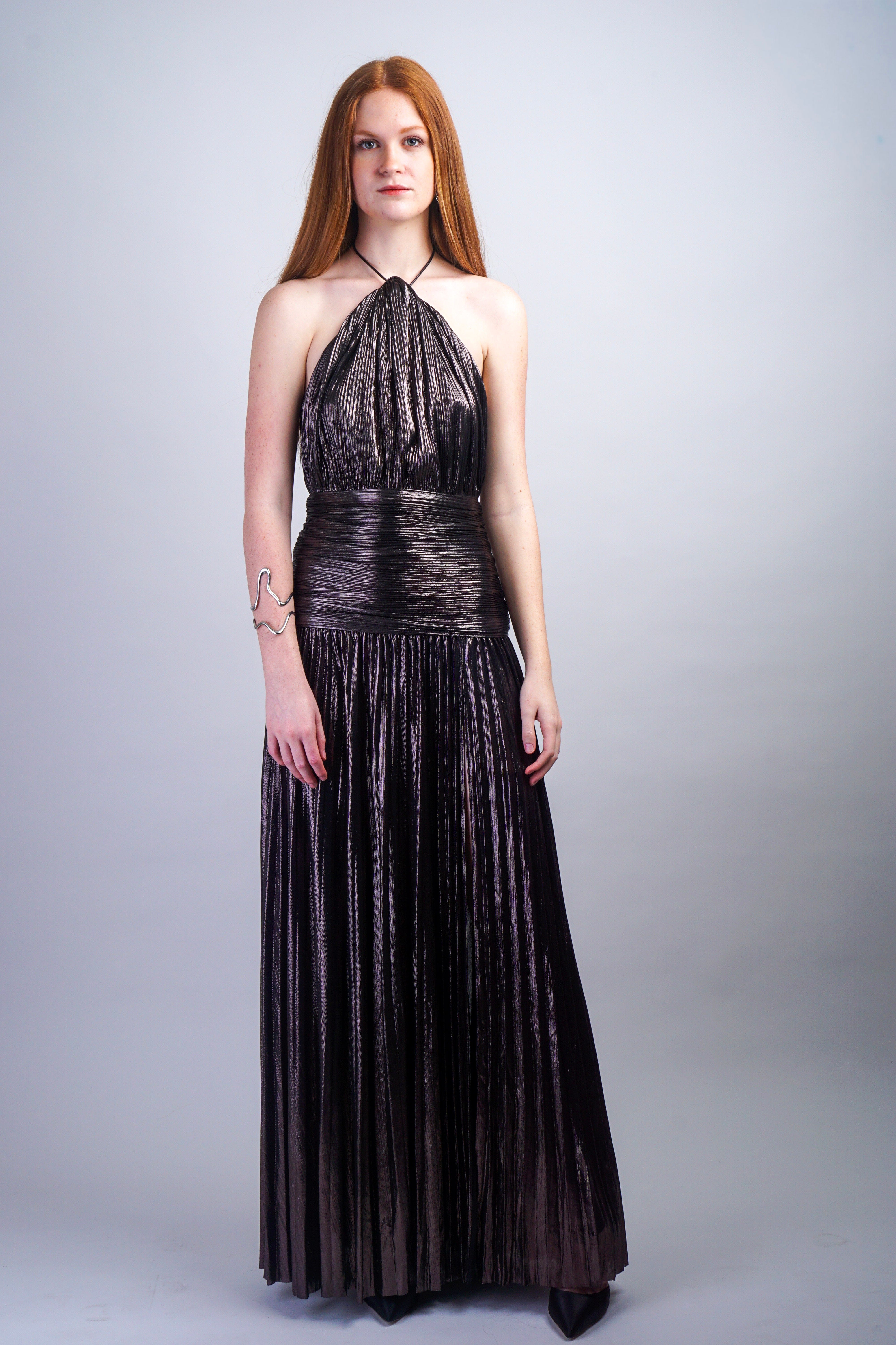 Private Label DRESSES Gunmetal Pleated Metallic Halter Gown