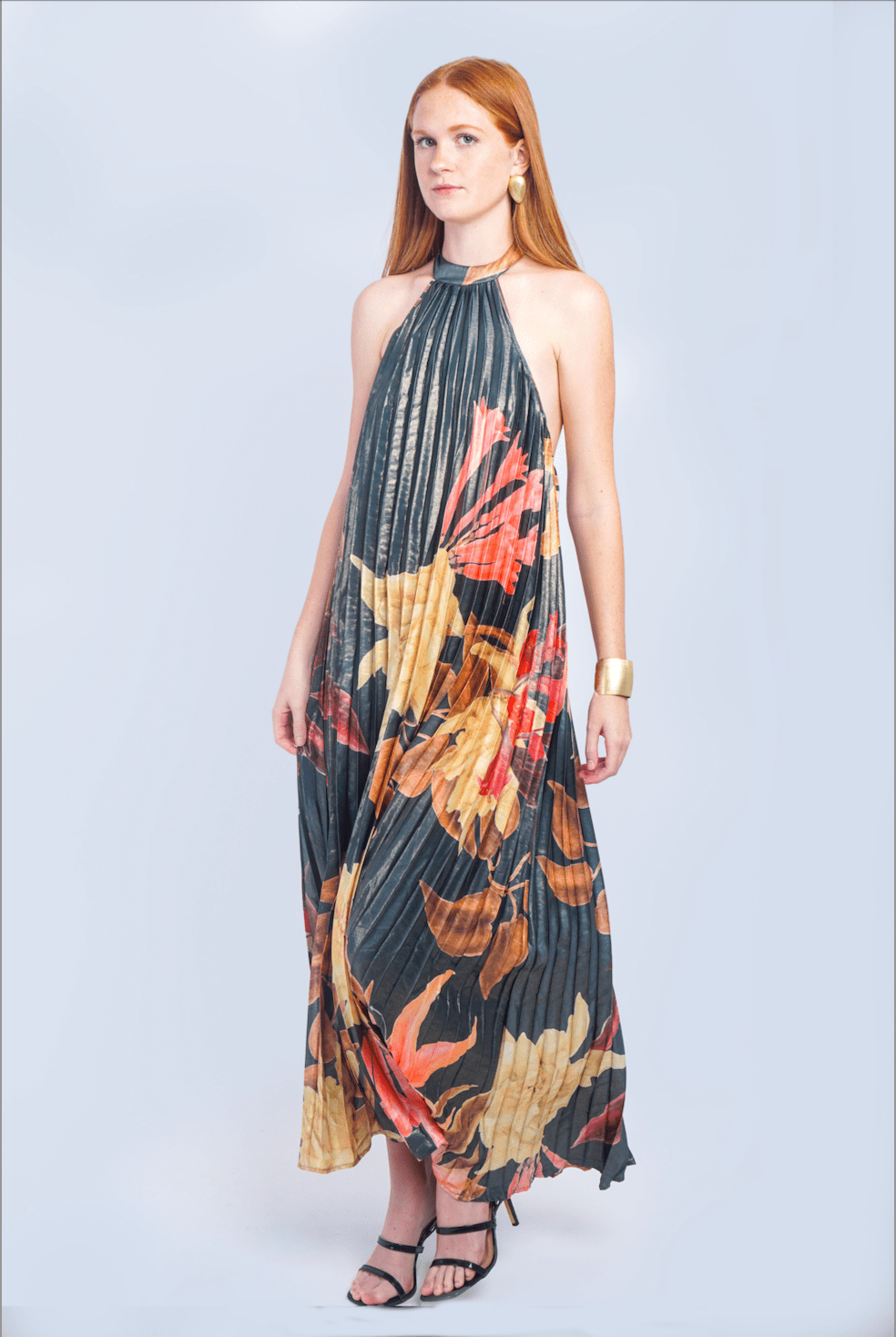 Private Label DRESSES Hunter Green Floral Pleater Halter Maxi Dress