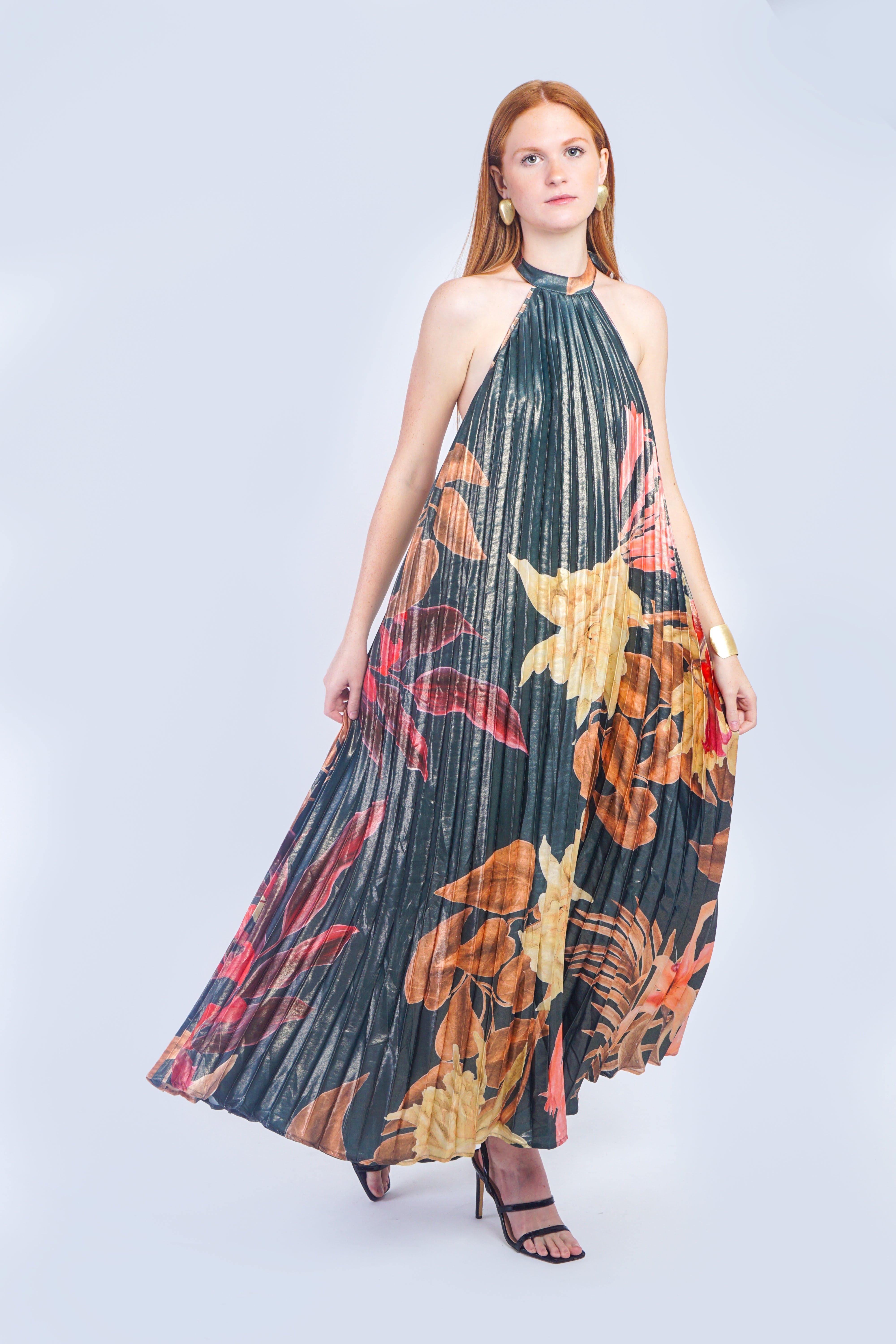 Private Label DRESSES Hunter Green Floral Pleater Halter Maxi Dress
