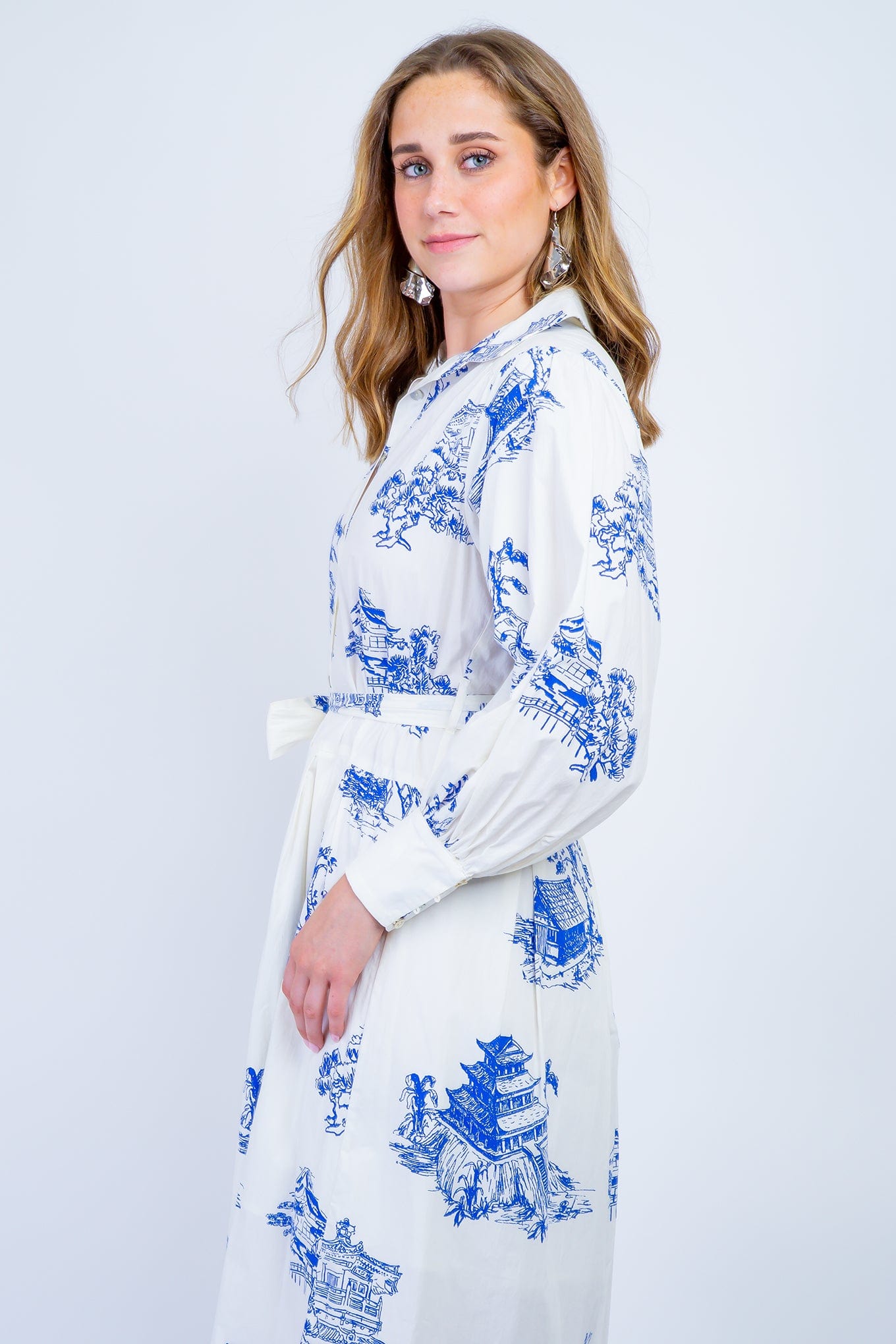 DCD DRESSES Ivory and Blue Print Shirt Midi Dress