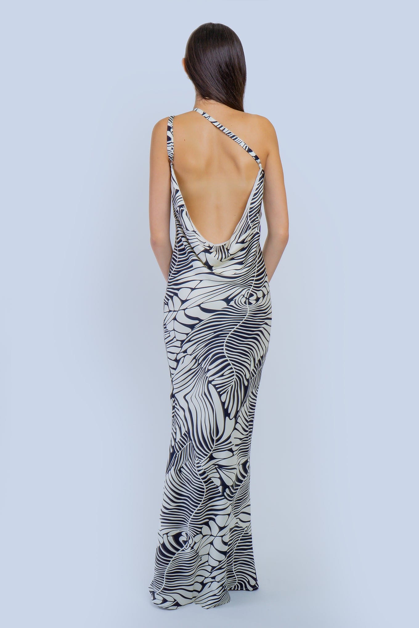 DCD DRESSES Ivory-Black One Shoulder Bias Back Cowl Dress