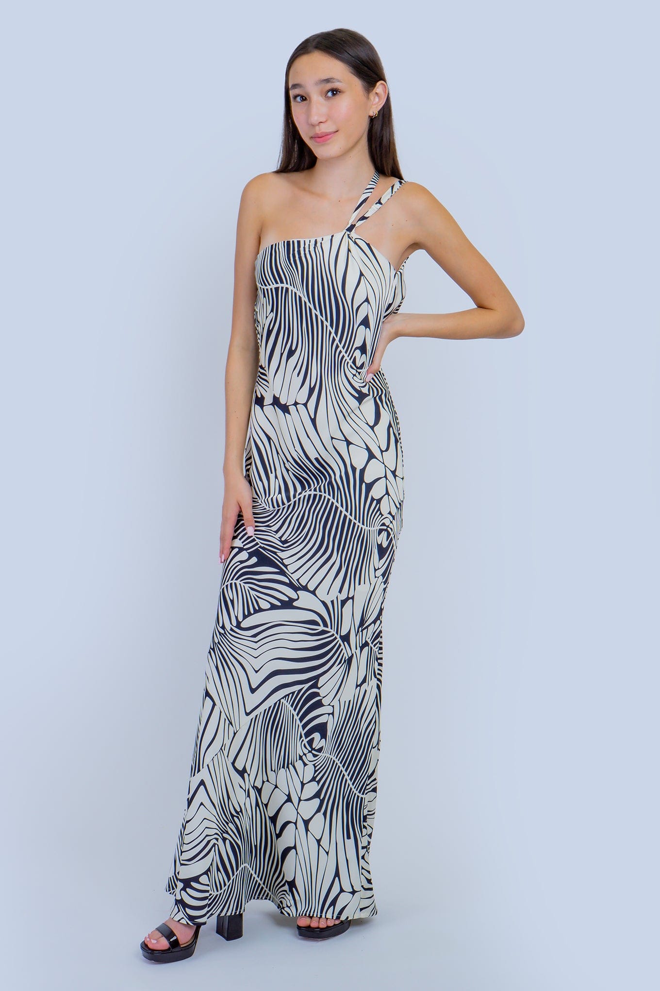 DCD DRESSES Ivory-Black One Shoulder Bias Back Cowl Dress
