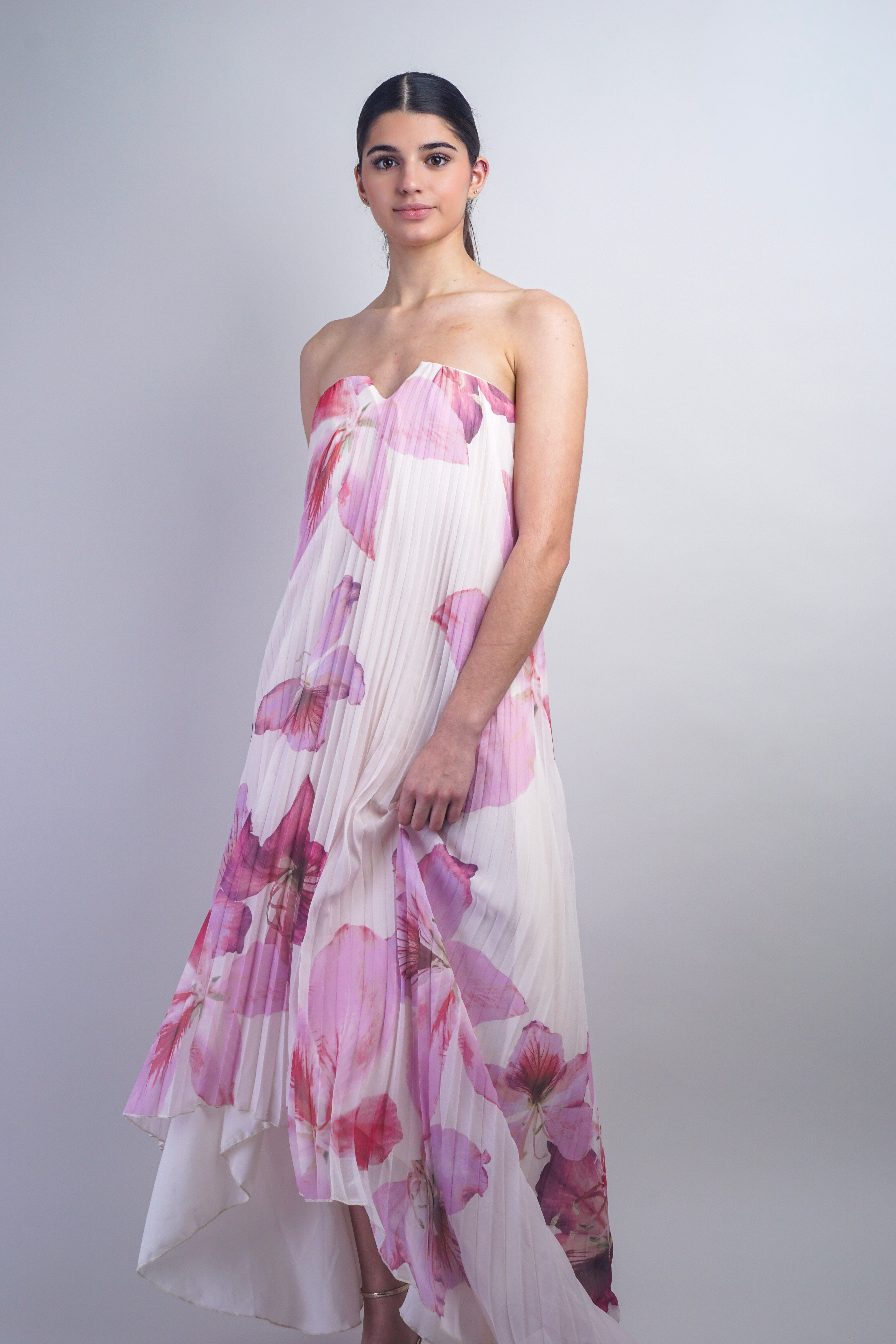 strapless pleated maxi dress Ivory & Pink Orchid Strapless Pleated Maxi Dress