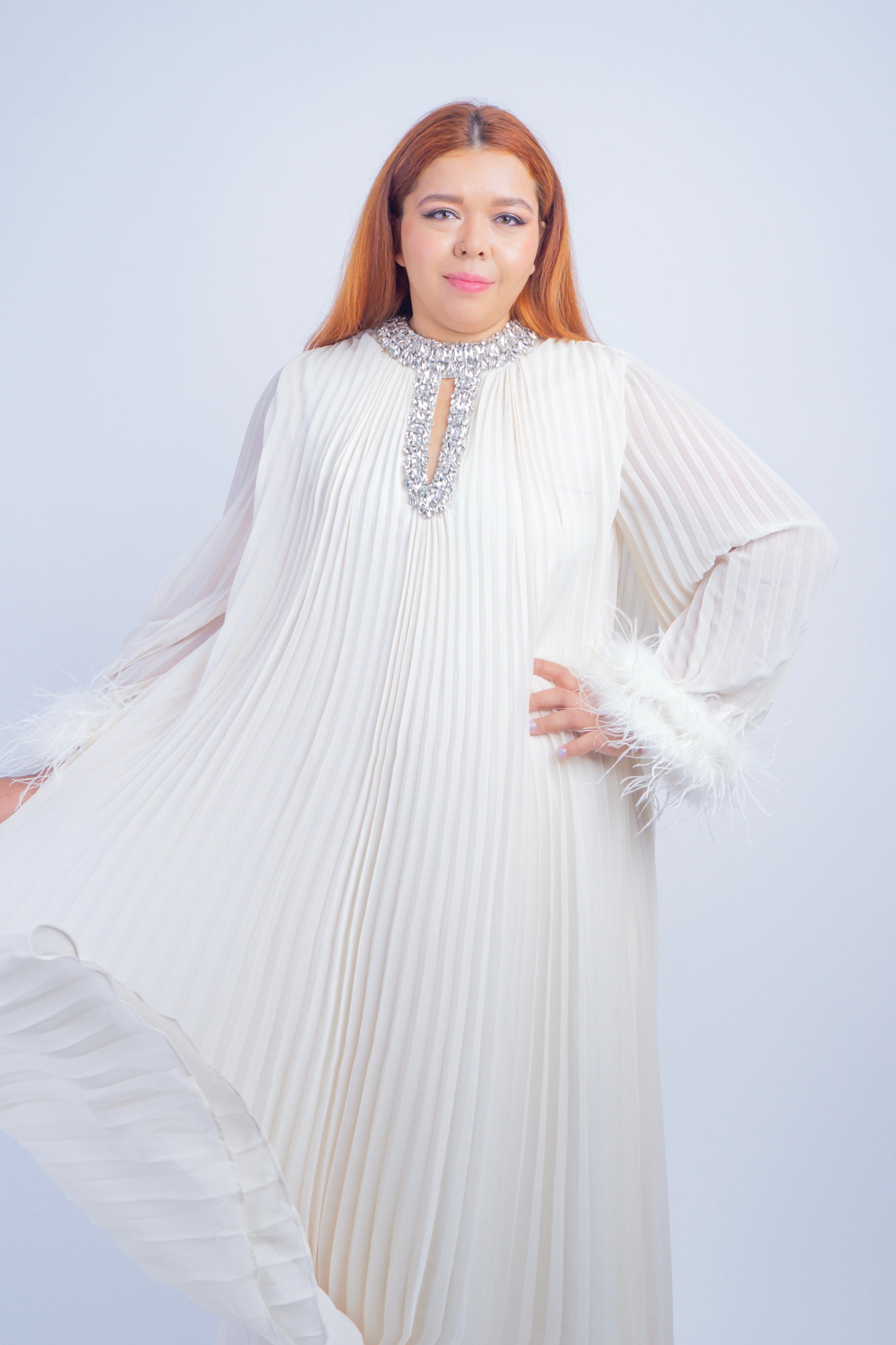 DCD DRESSES Ivory Pleated Rhinestone Caftan Dress
