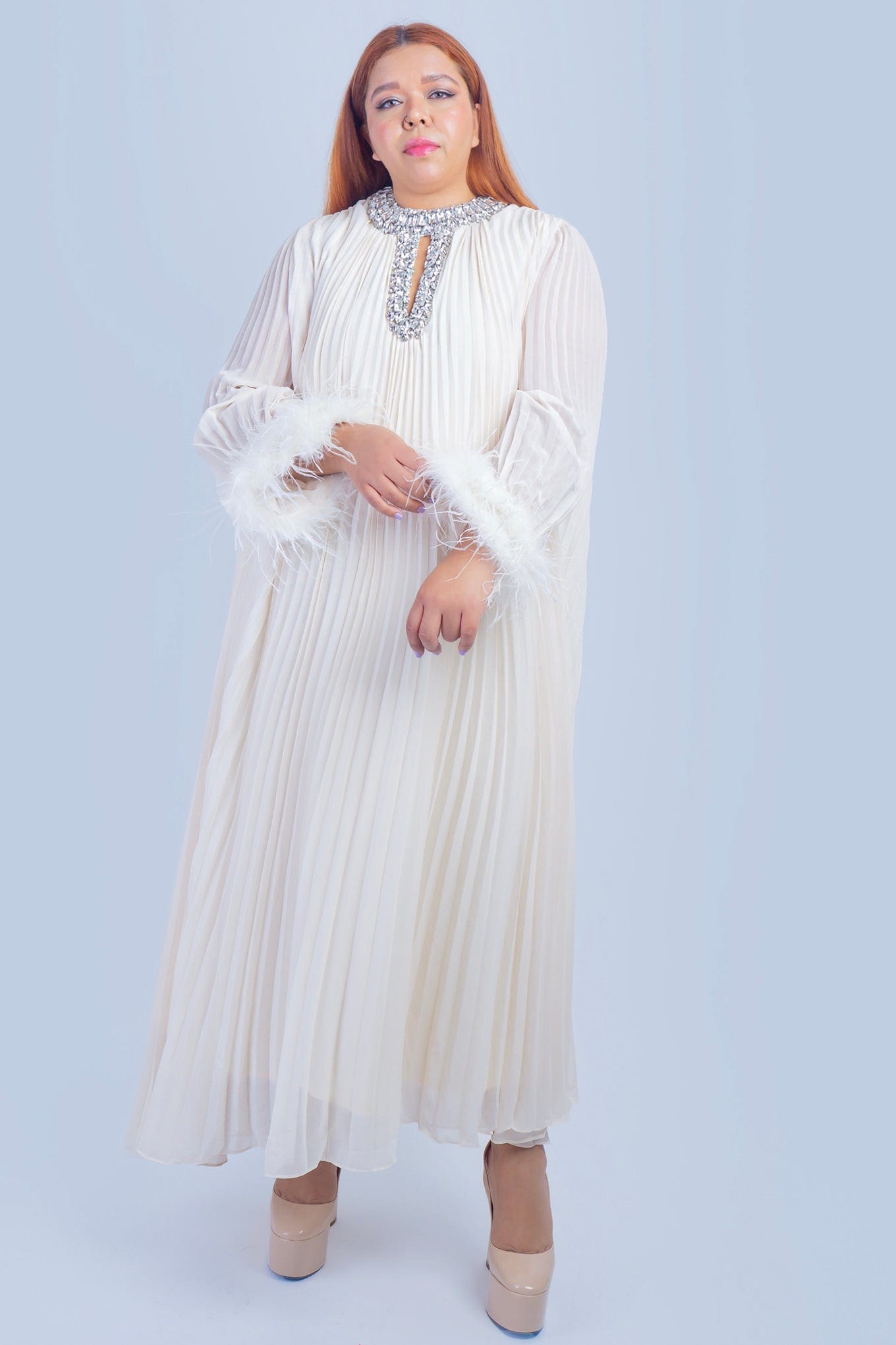 DCD DRESSES Ivory Pleated Rhinestone Caftan Dress