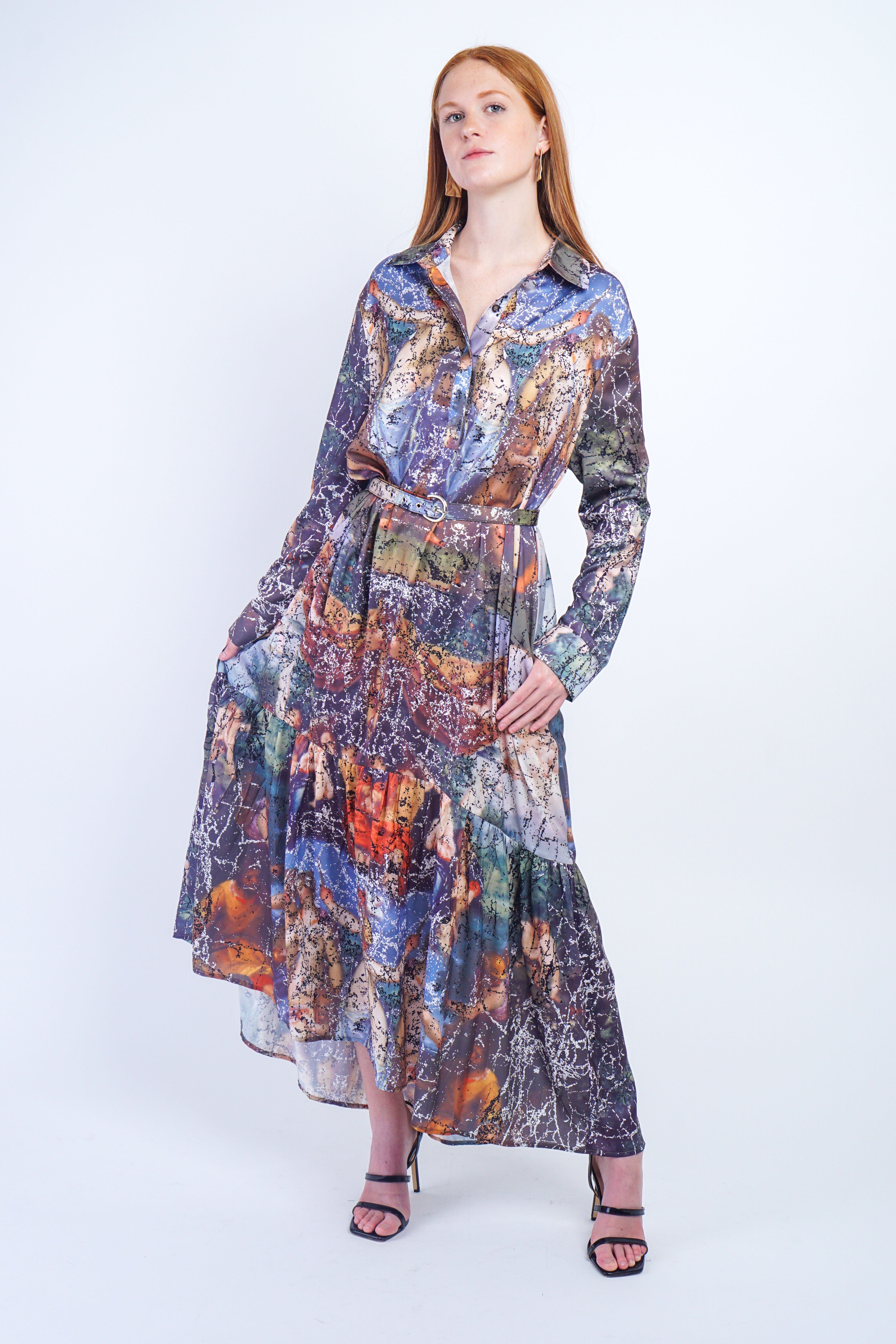 DCD DRESSES Marble Print Belted Shirt Dress