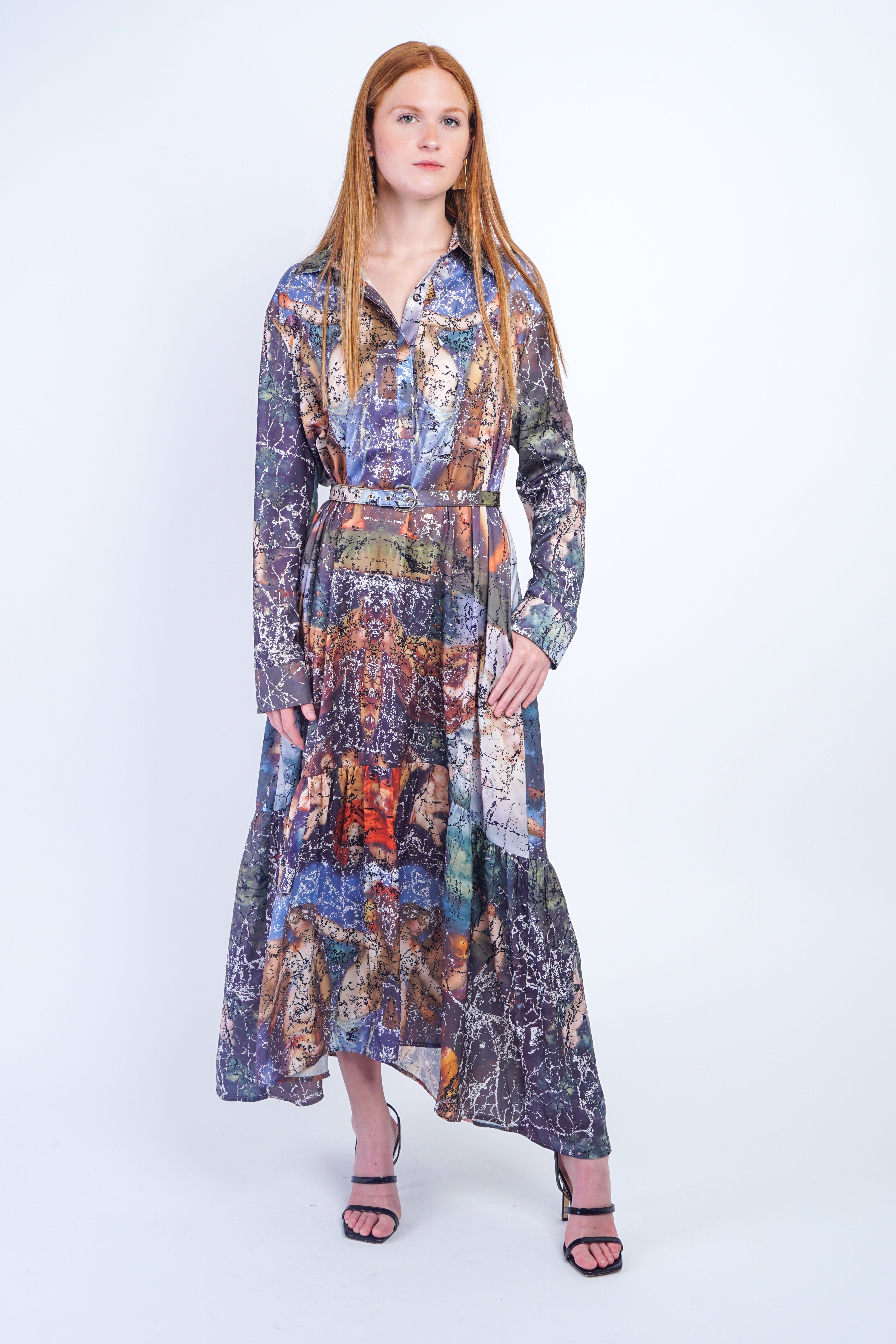 DCD DRESSES Marble Print Belted Shirt Dress