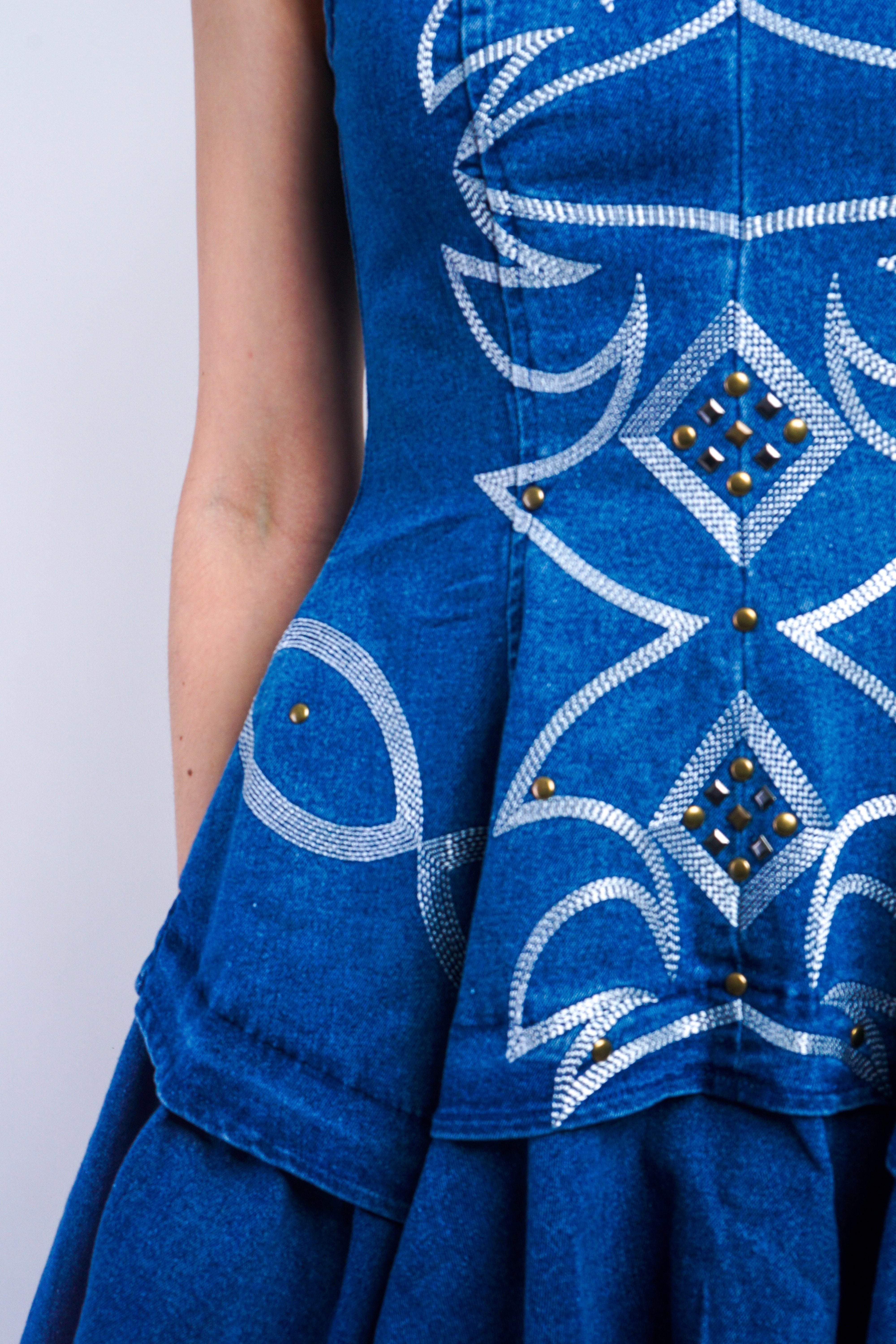 Private Label DRESSES Medium Wash V Neck Embroidered Stud Skater Dress