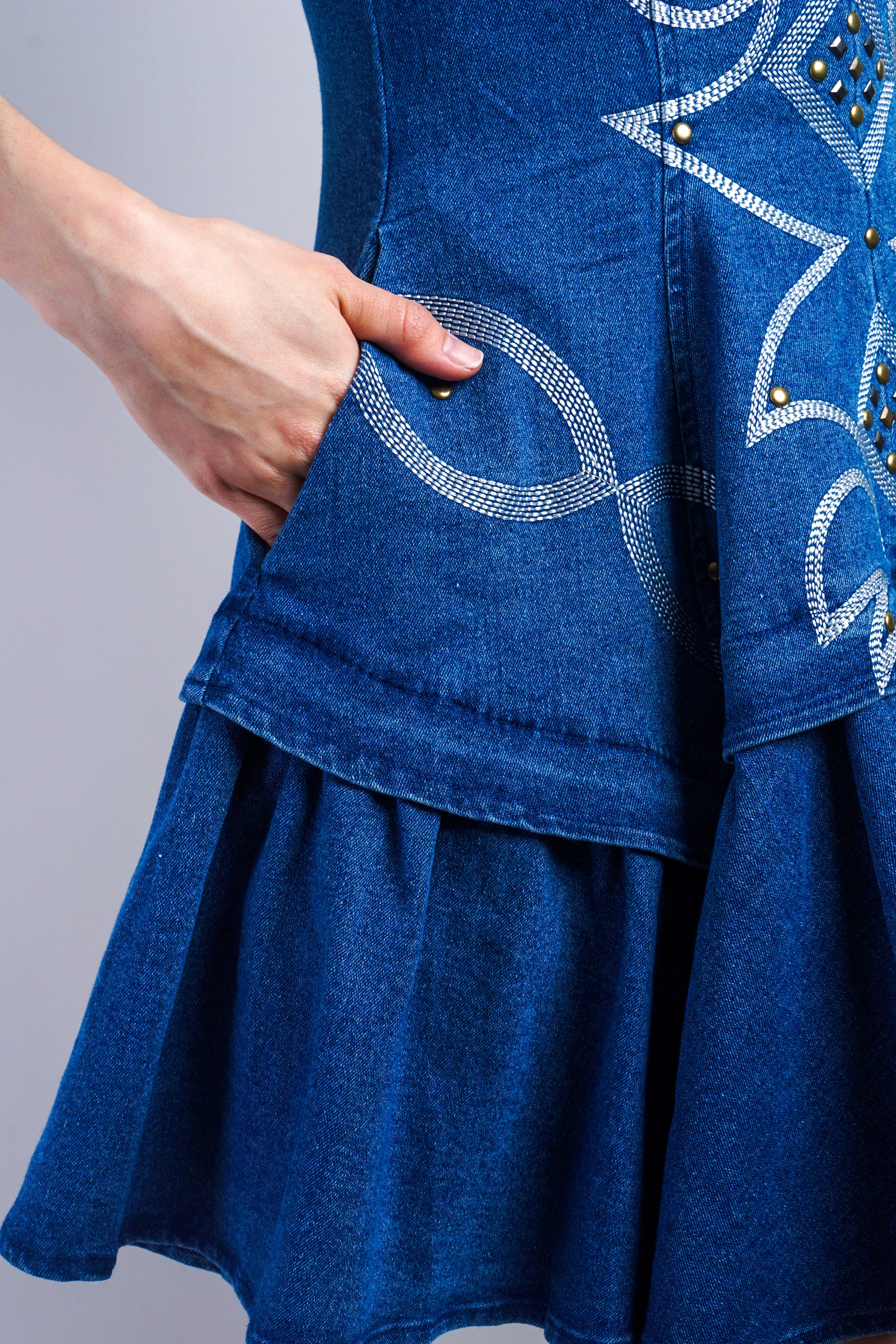 Private Label DRESSES Medium Wash V Neck Embroidered Stud Skater Dress