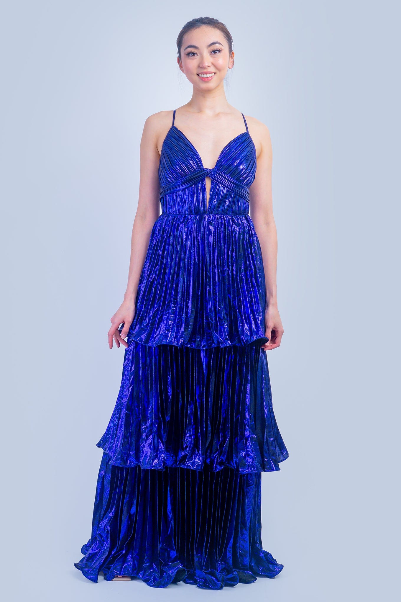 DCD DRESSES Metallic Purple Ruffle Tier Gown