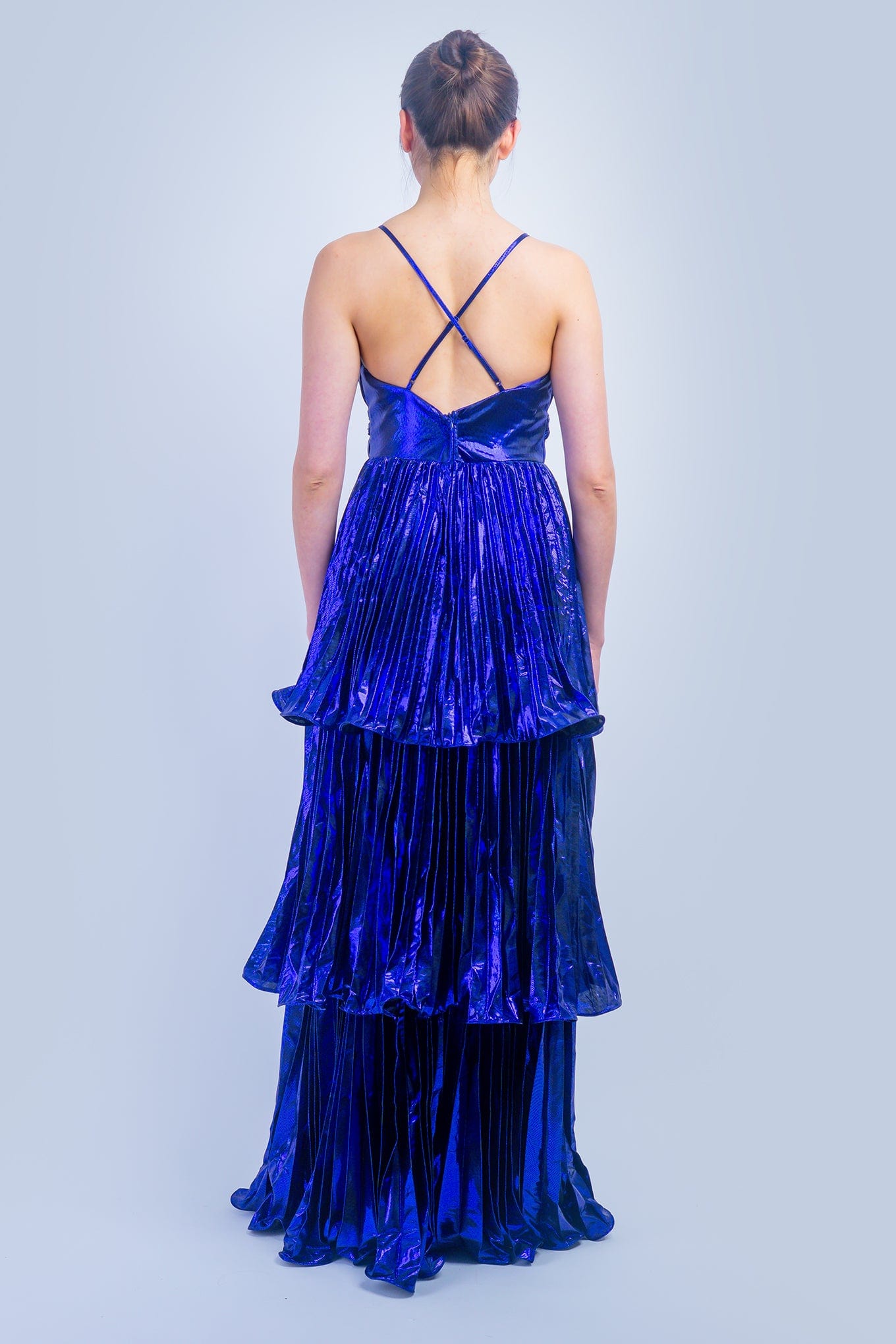 DCD DRESSES Metallic Purple Ruffle Tier Gown