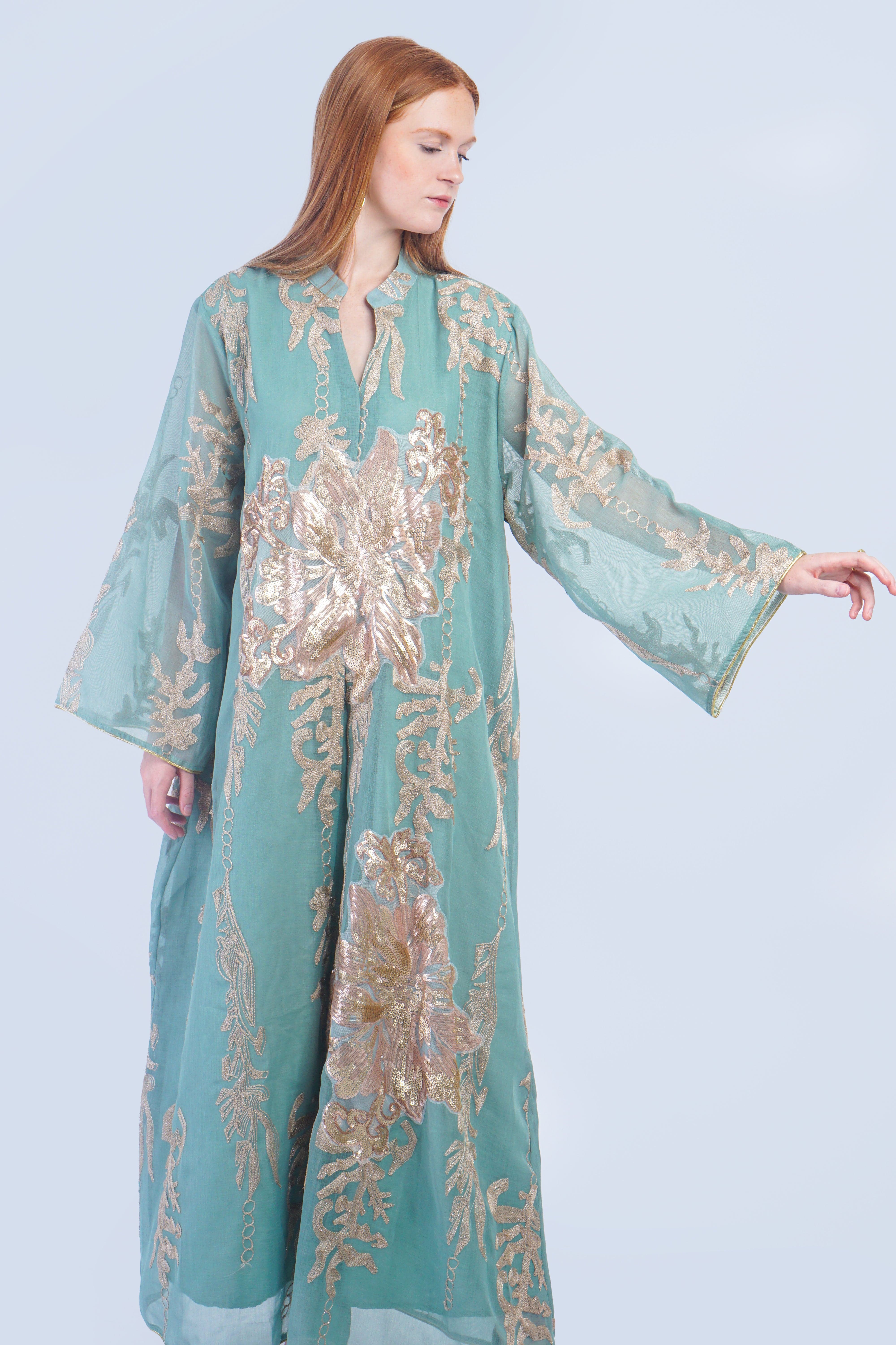 Private Label DRESSES Mint and Rose Gold Beaded Caftan