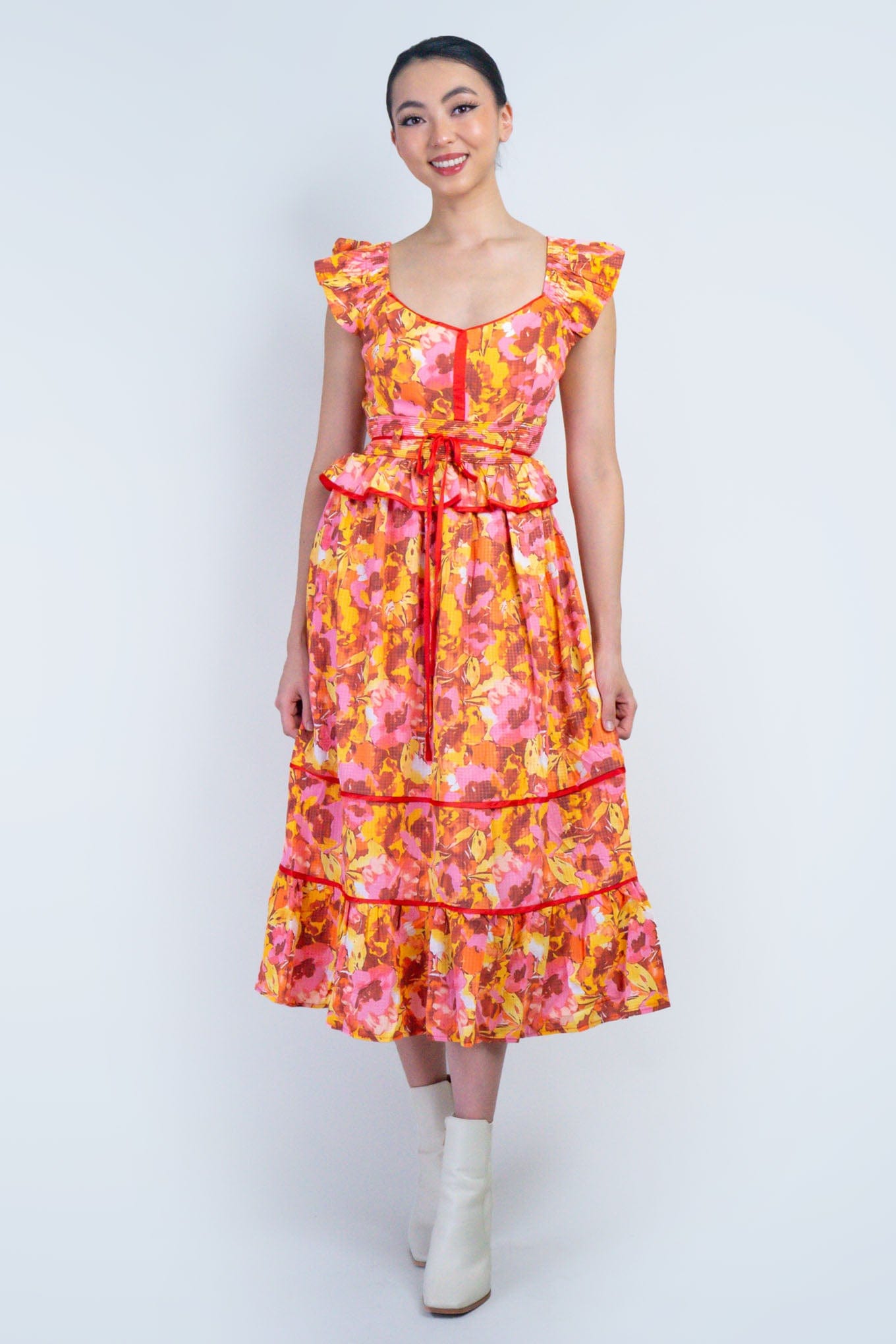 DCD DRESSES Multi Floral Red Piping Midi Dress