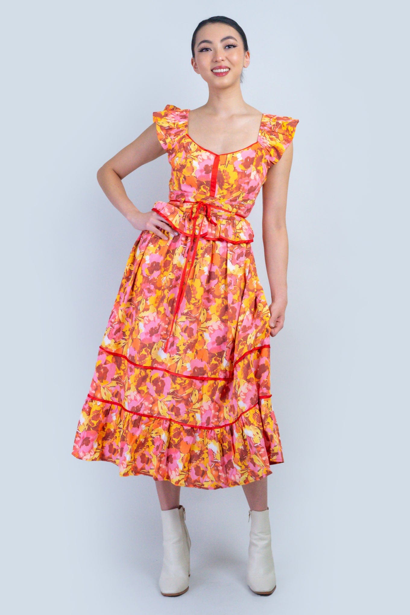 DCD DRESSES Multi Floral Red Piping Midi Dress