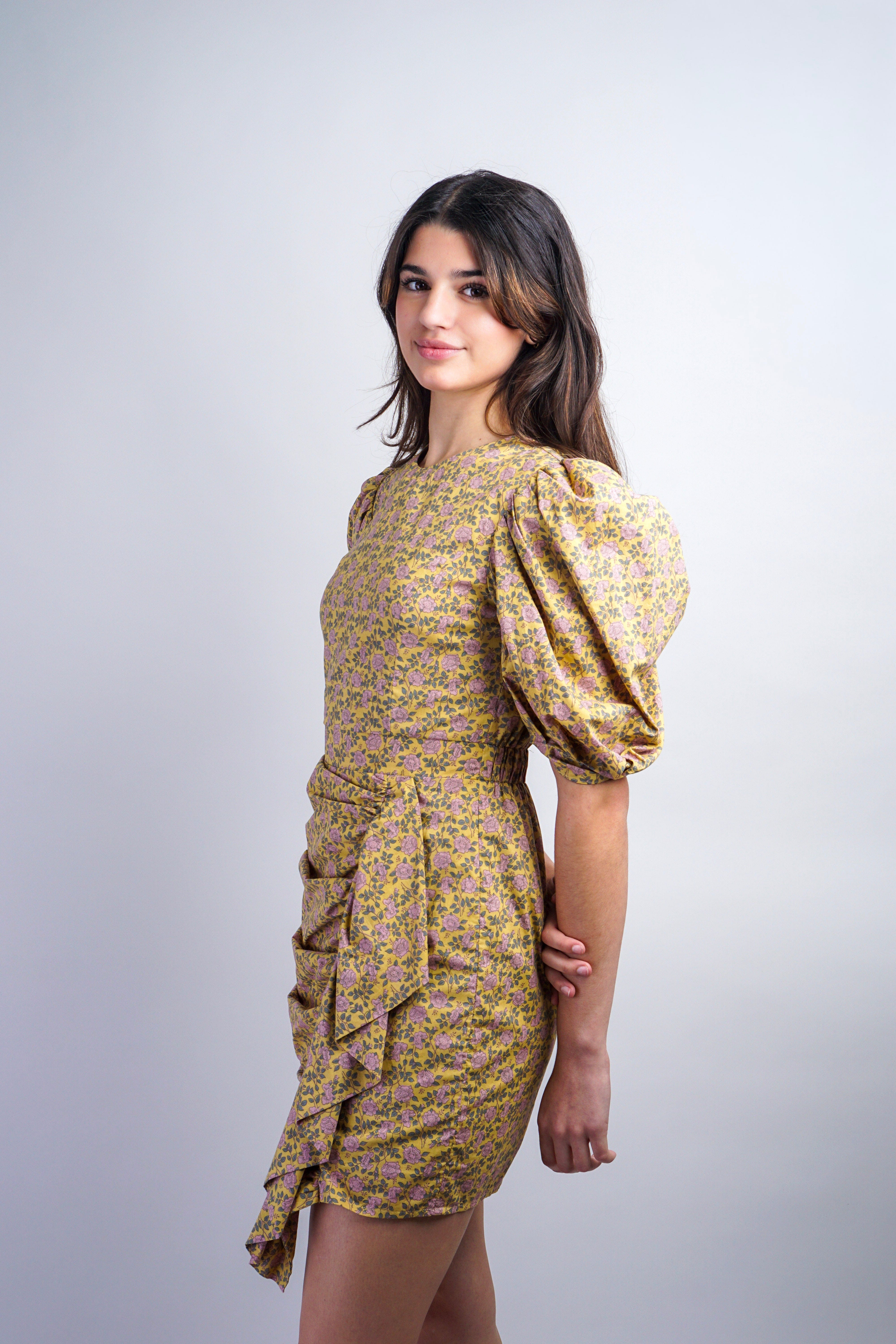 Private Label DRESSES Mustard Flowers Side Drape Dress