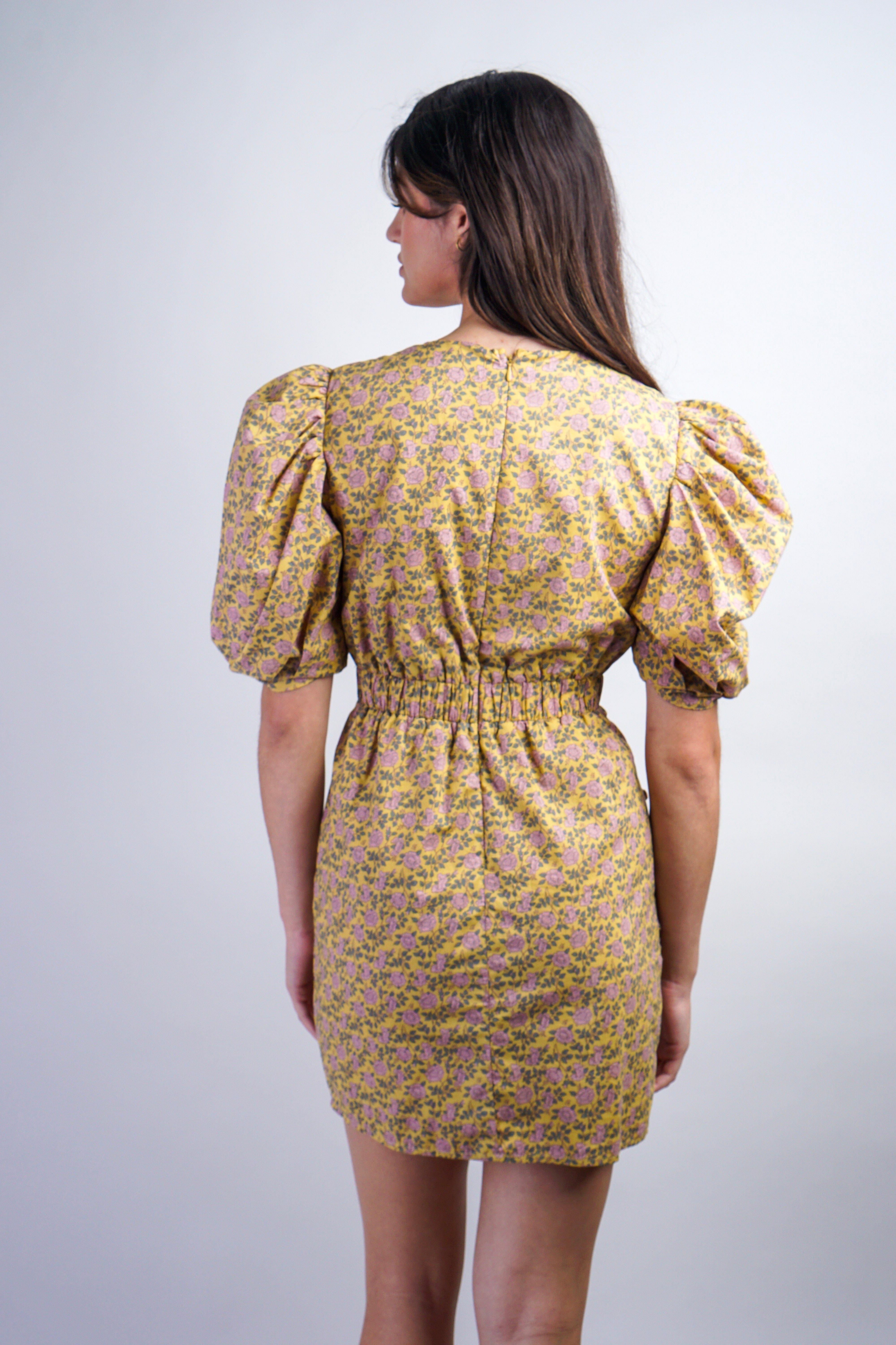 Private Label DRESSES Mustard Flowers Side Drape Dress