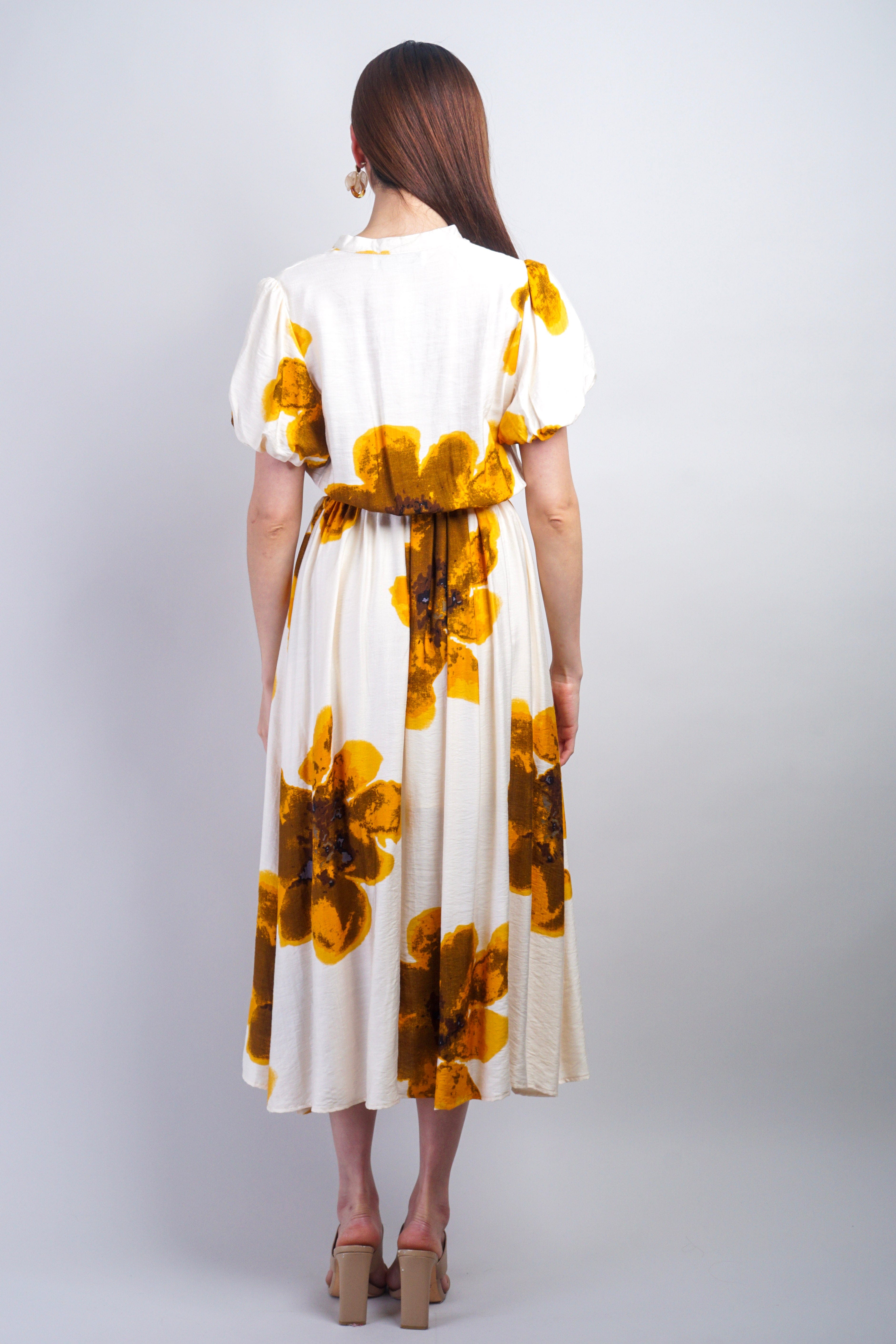 Private Label DRESSES Mustard White Floral Puff Sleeve Dress