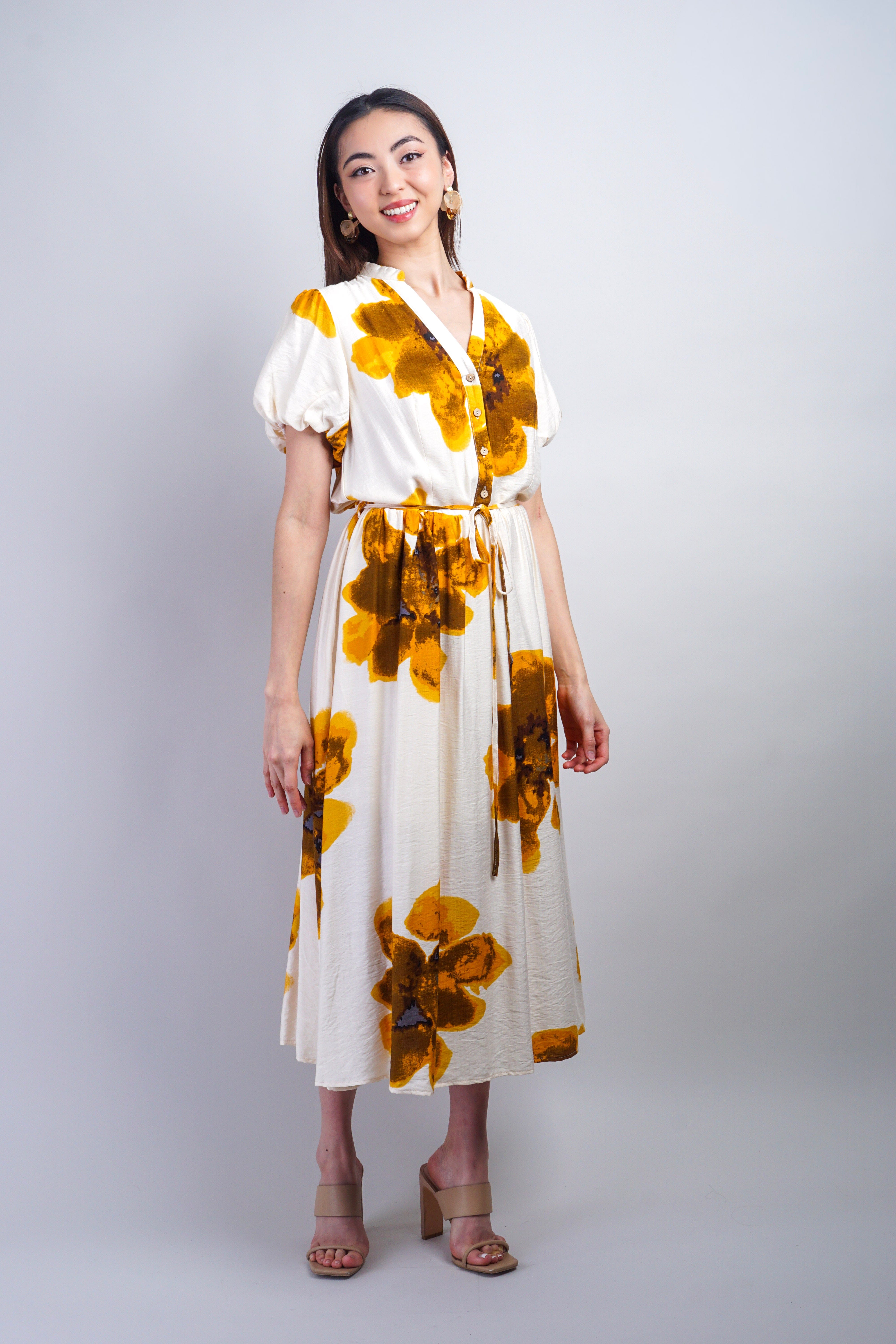 Private Label DRESSES Mustard White Floral Puff Sleeve Dress