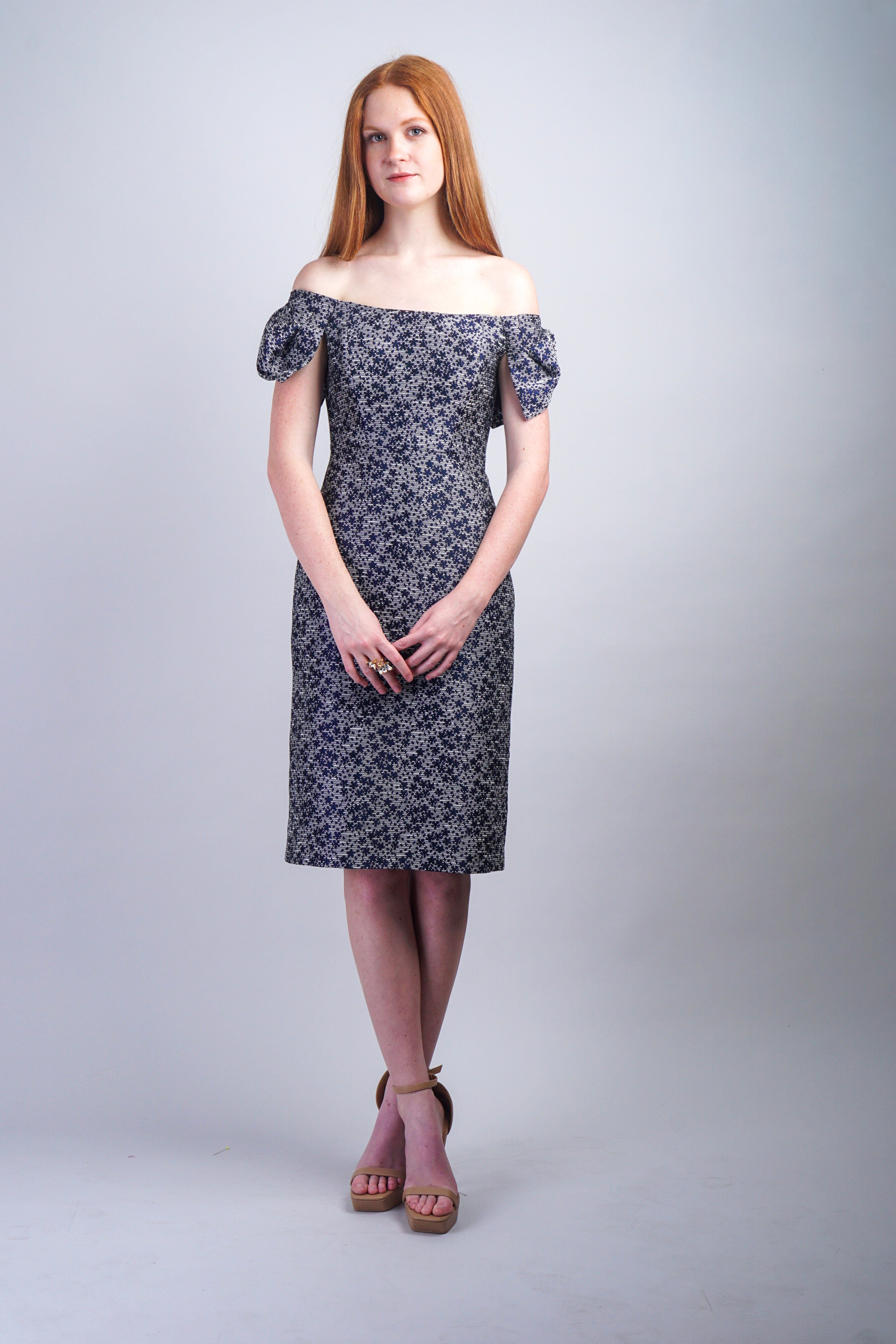 Chloe Dao DRESSES Navy Floral Off Shoulder Bow Marin Dress