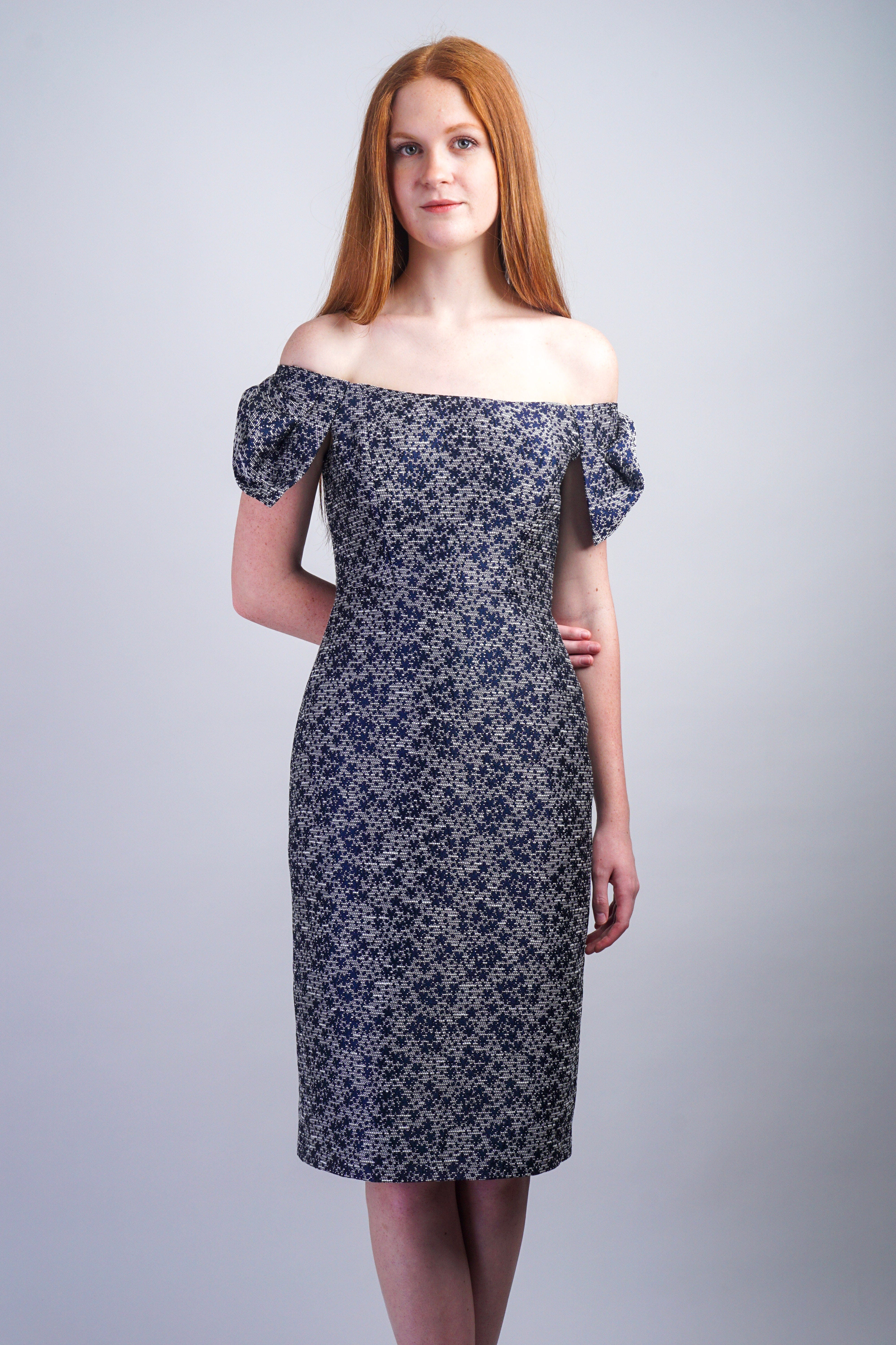 Chloe Dao DRESSES Navy Floral Off Shoulder Bow Marin Dress