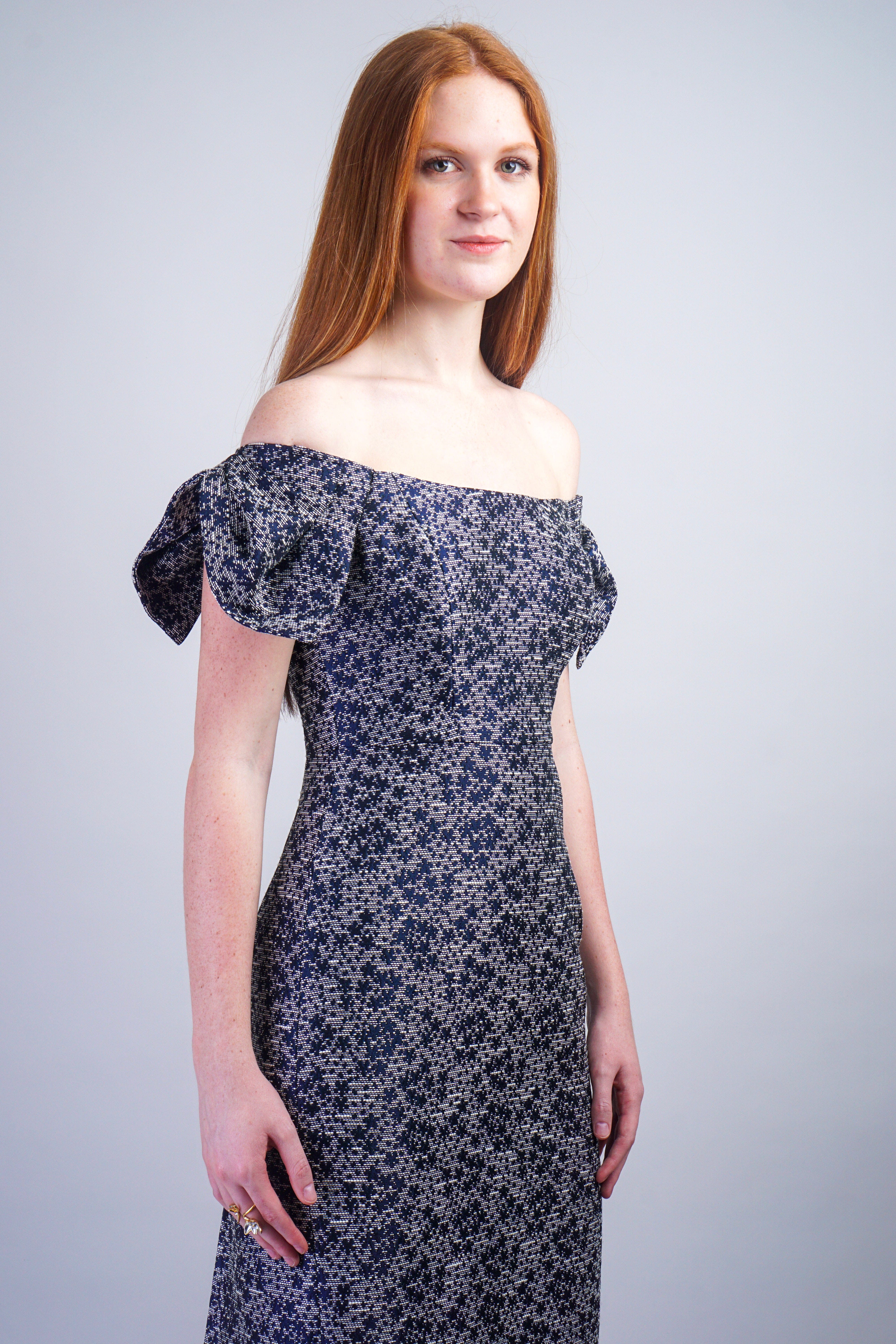 Chloe Dao DRESSES Navy Floral Off Shoulder Bow Marin Dress