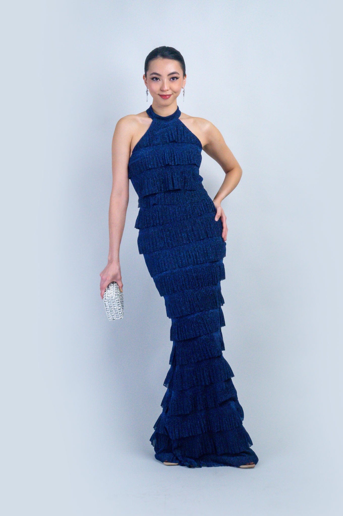 DCD DRESSES Navy Halter Layered Ruffle Mermaid Gown