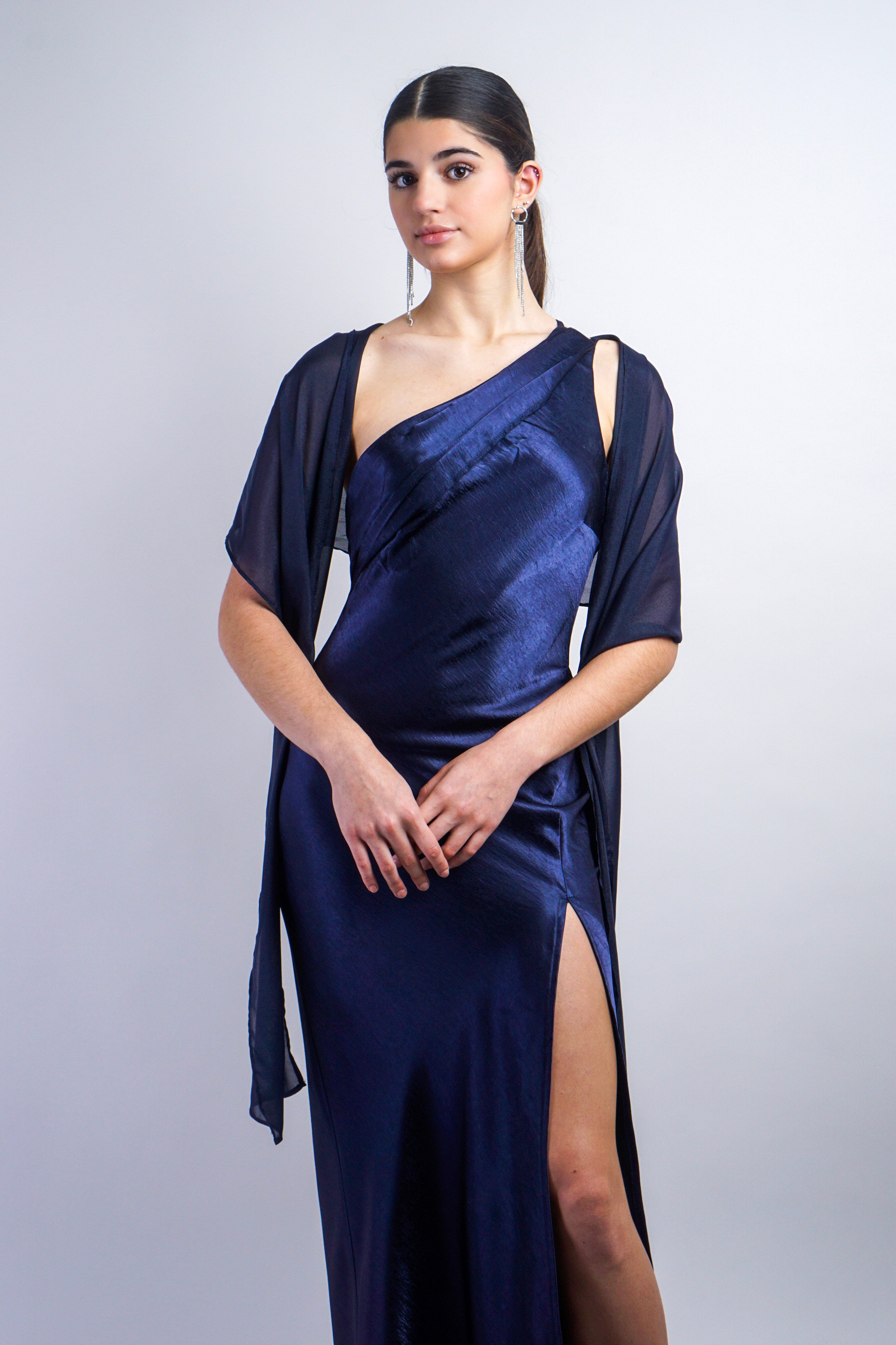 Private Label DRESSES Navy One Shoulder With Scarf Gown