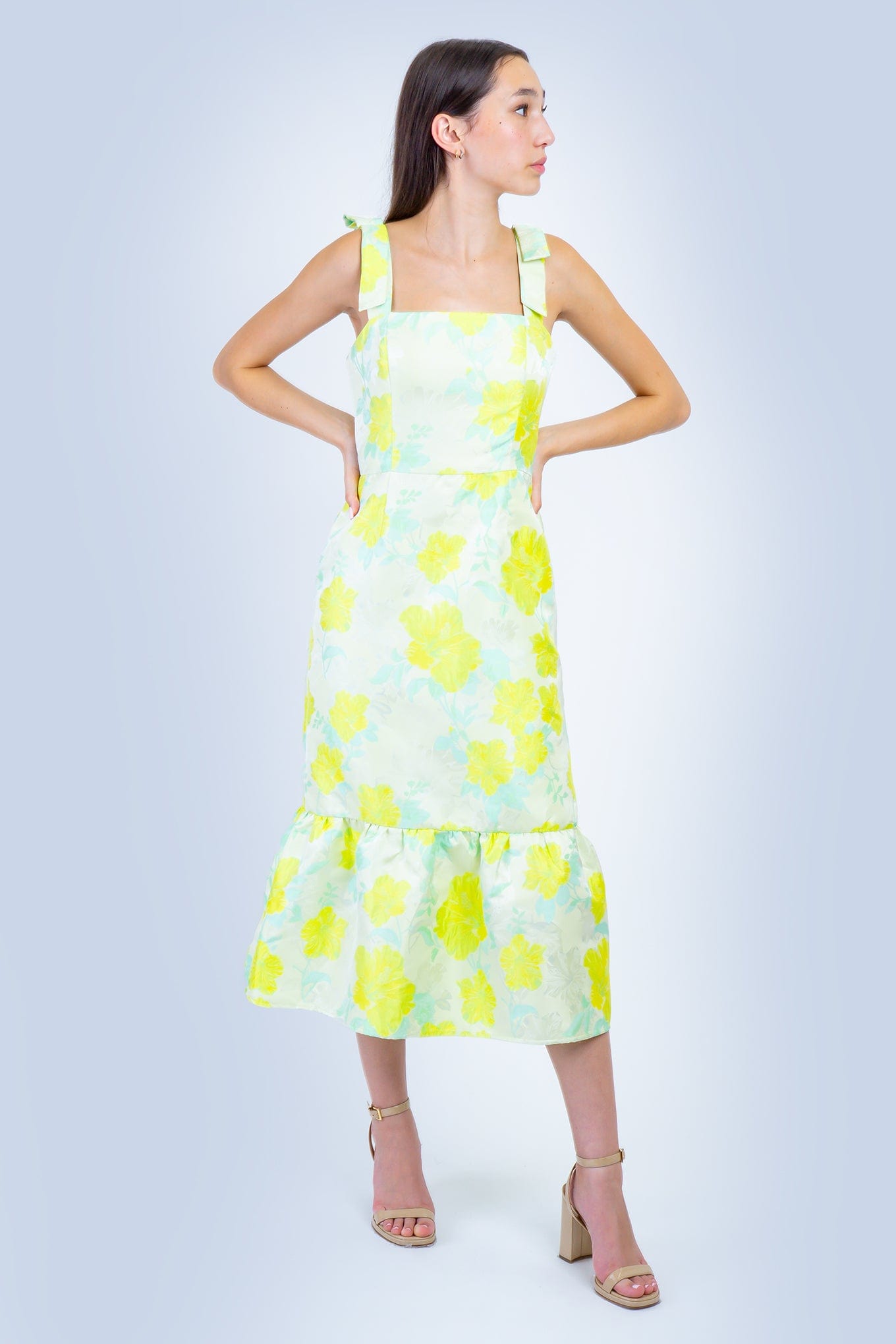 DCD DRESSES Neon Yellow Mint Floral Square Midi Dress