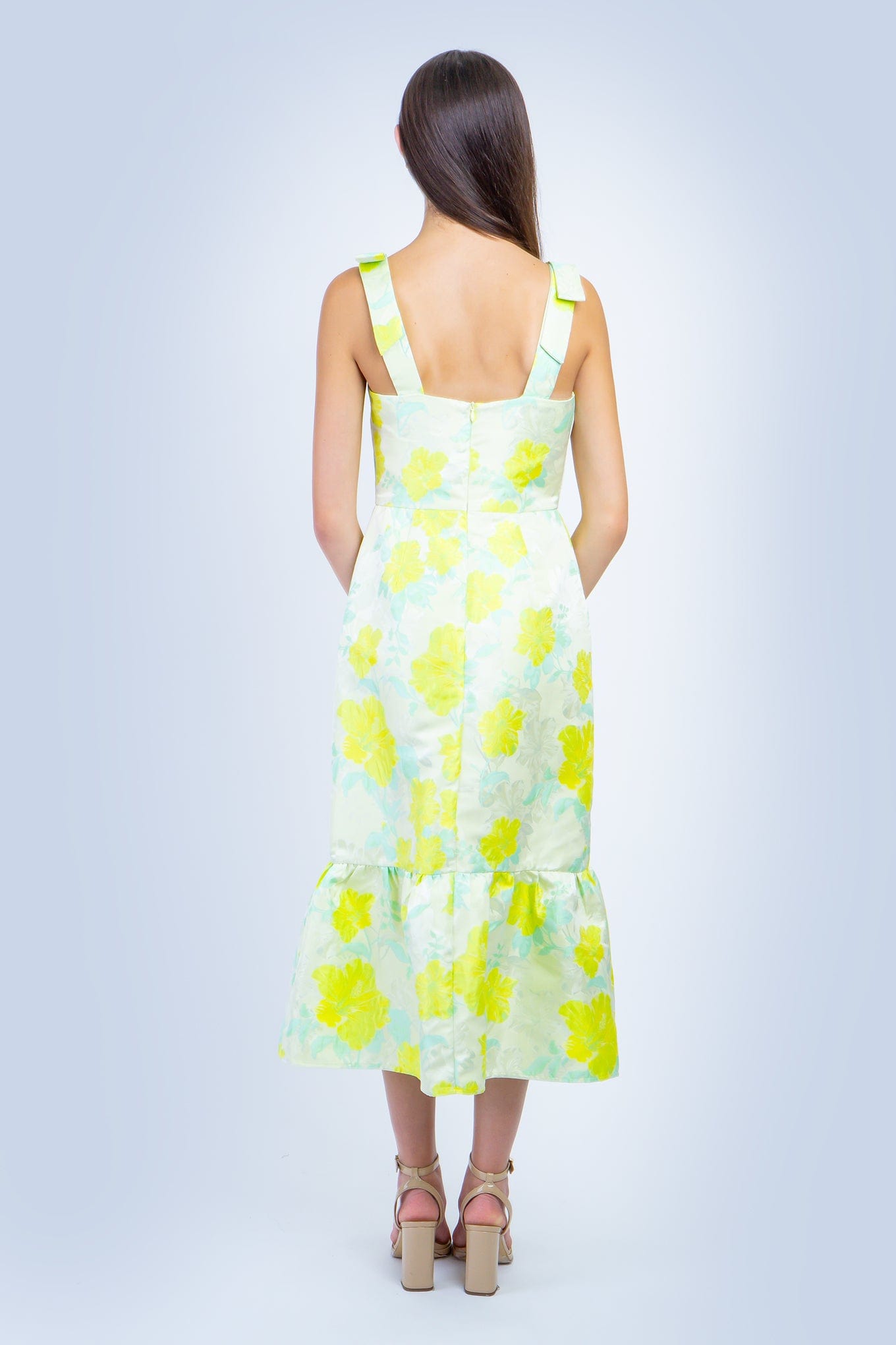DCD DRESSES Neon Yellow Mint Floral Square Midi Dress