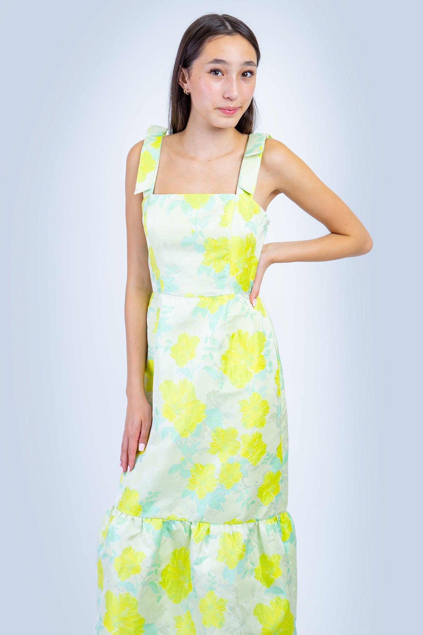 DCD DRESSES Neon Yellow Mint Floral Square Midi Dress