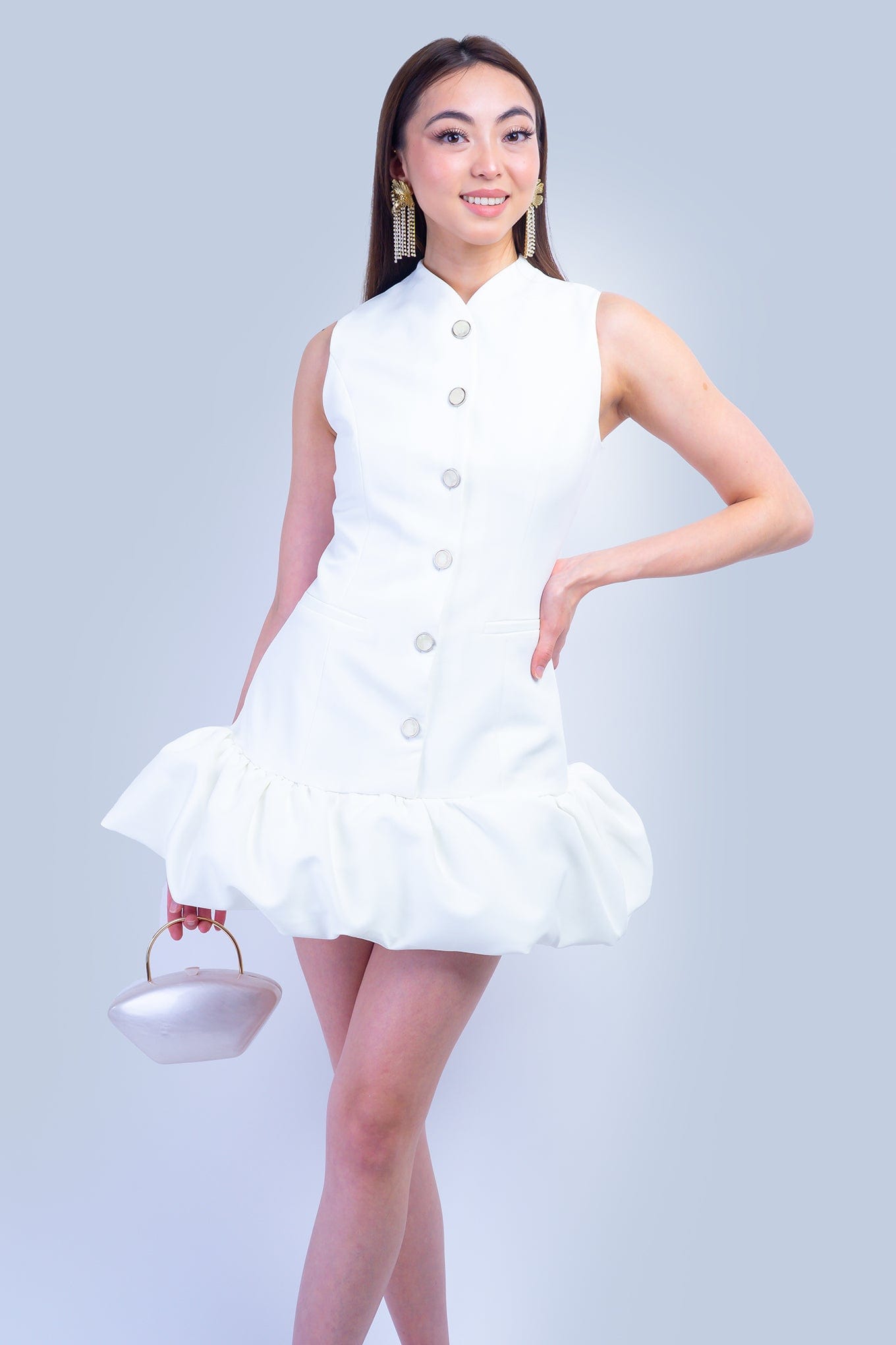 DCD DRESSES Off White Fitted Drop Waist Bubble Dress