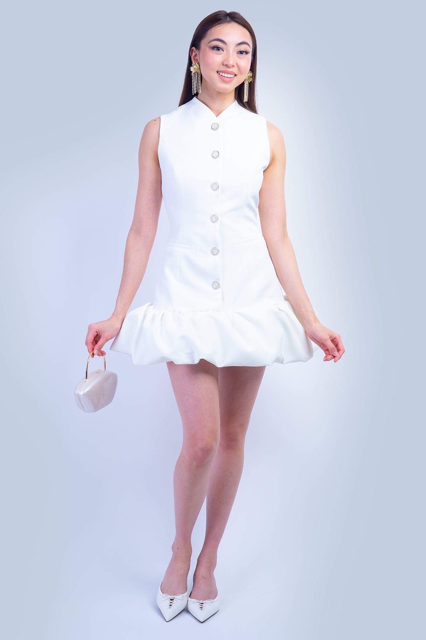 DCD DRESSES Off White Fitted Drop Waist Bubble Dress