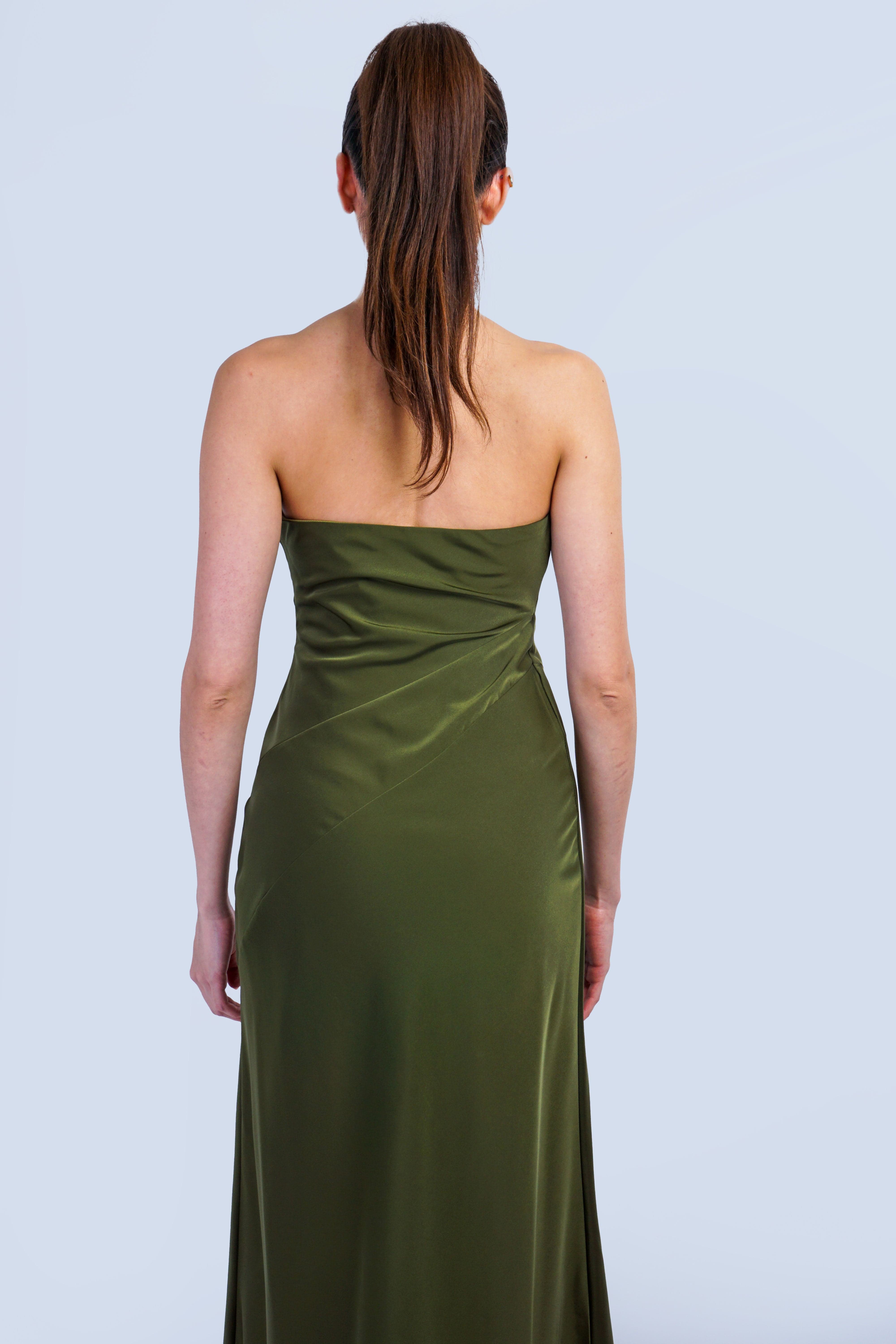 Private Label DRESSES Olive Pleated Strapless Midi Dress
