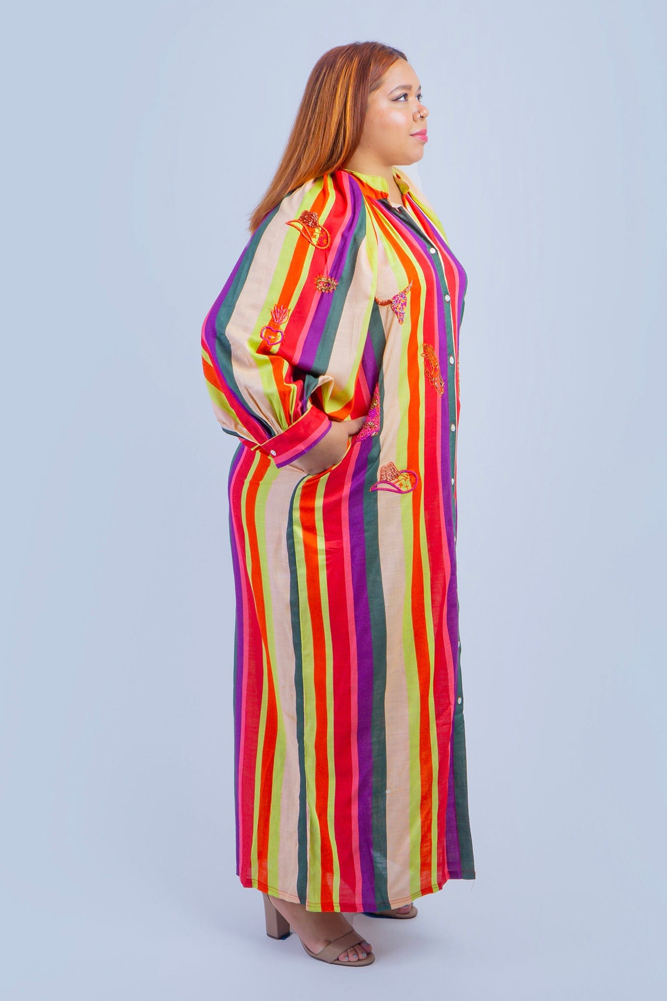 DCD DRESSES ONE SIZE Purple Multi Stripe  Beaded Western  Caftan