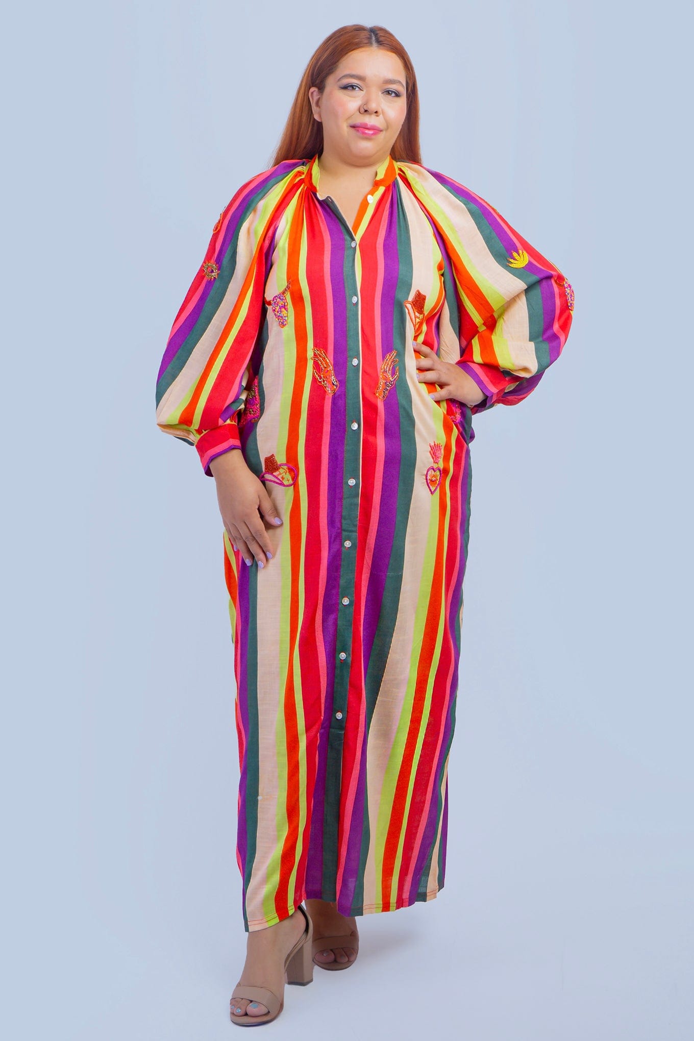 DCD DRESSES ONE SIZE Purple Multi Stripe  Beaded Western  Caftan