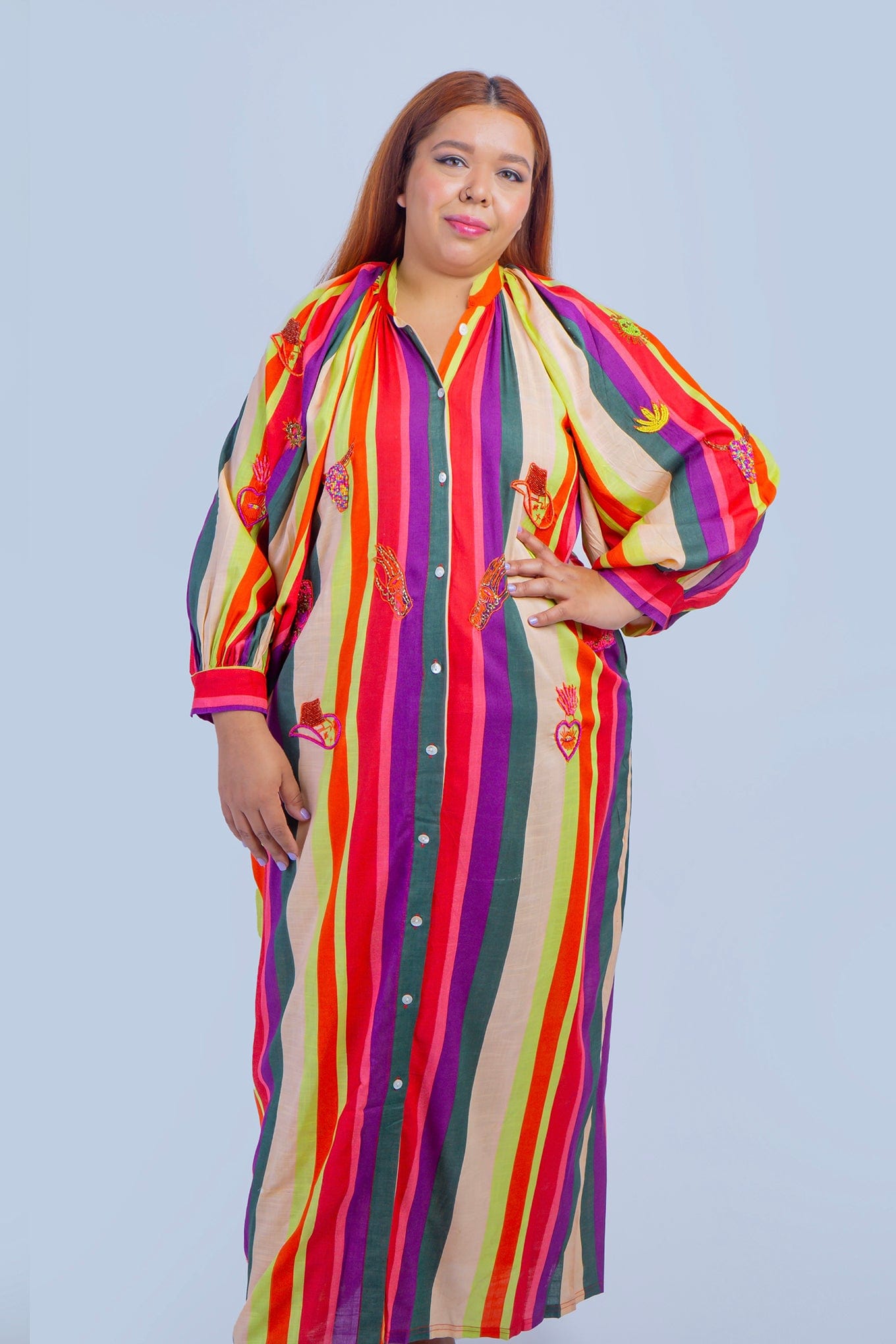 DCD DRESSES ONE SIZE Purple Multi Stripe  Beaded Western  Caftan