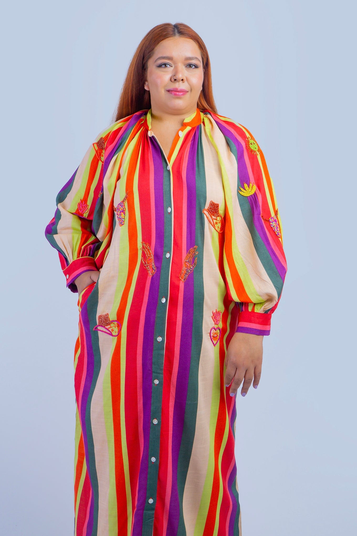 DCD DRESSES ONE SIZE Purple Multi Stripe  Beaded Western  Caftan