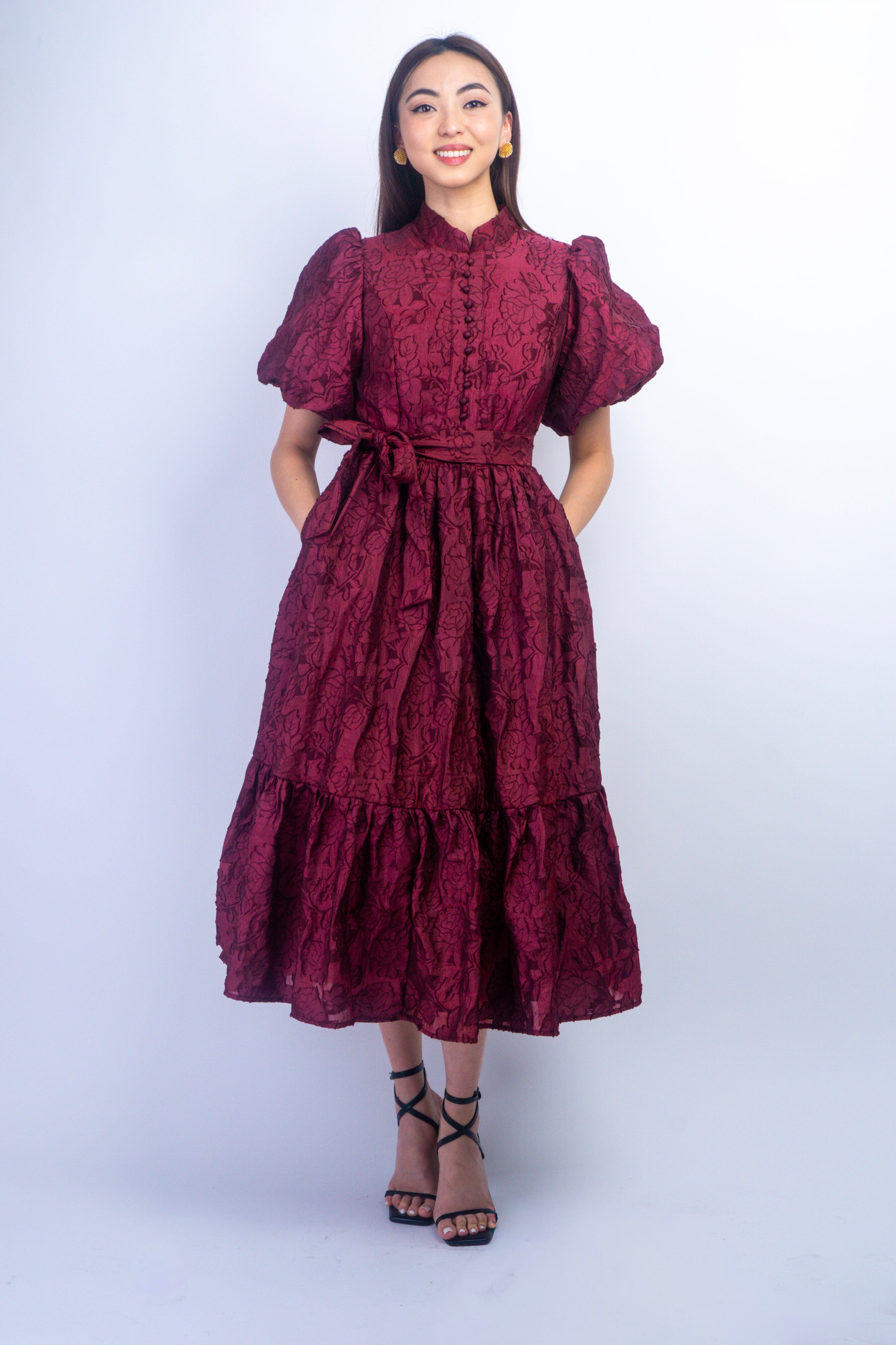 Private Label DRESSES Ox Blood Mock Puff Sleeve Maxi Dress