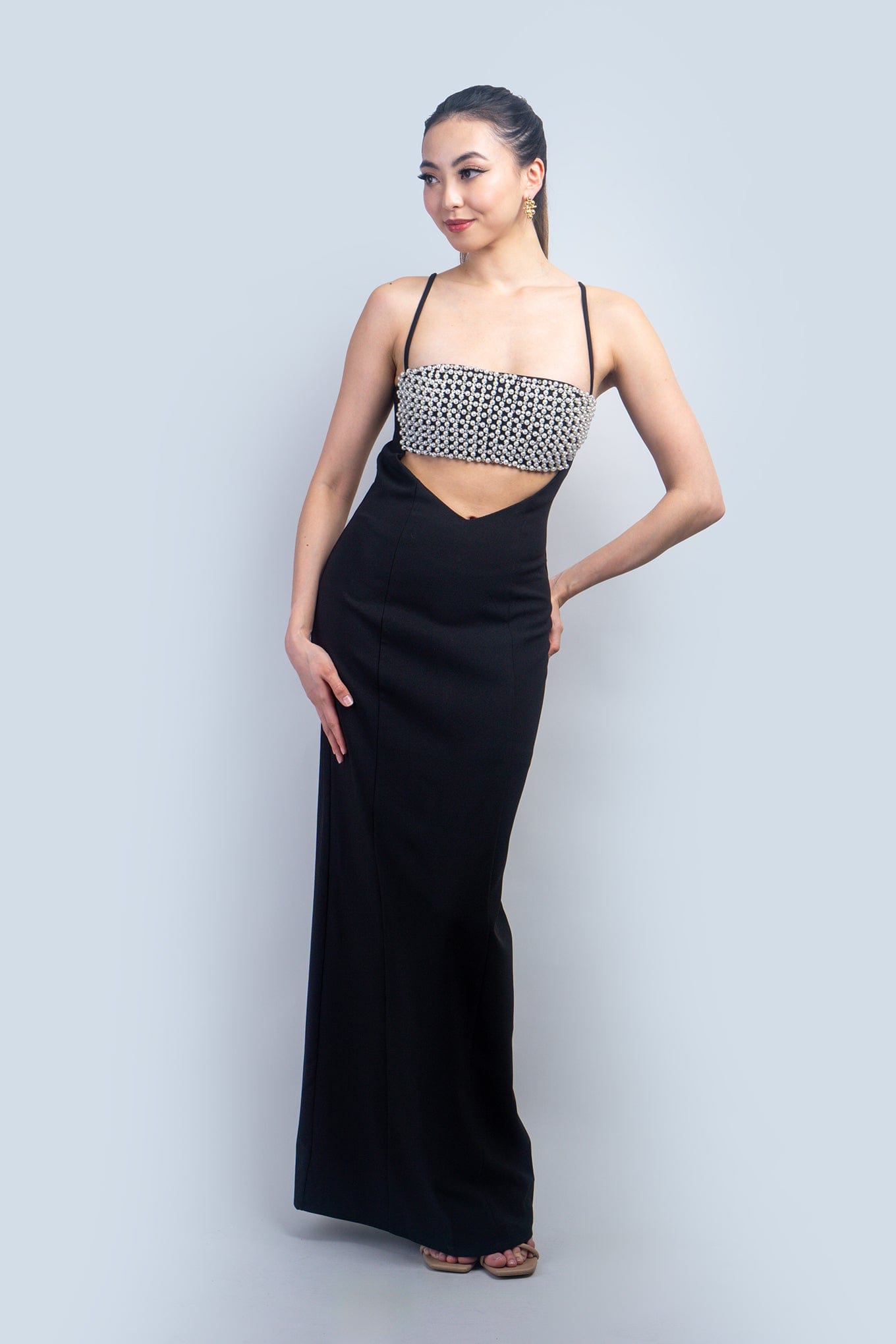 DCD DRESSES Pearl Rhinestone Bust Cut Out Black Gown