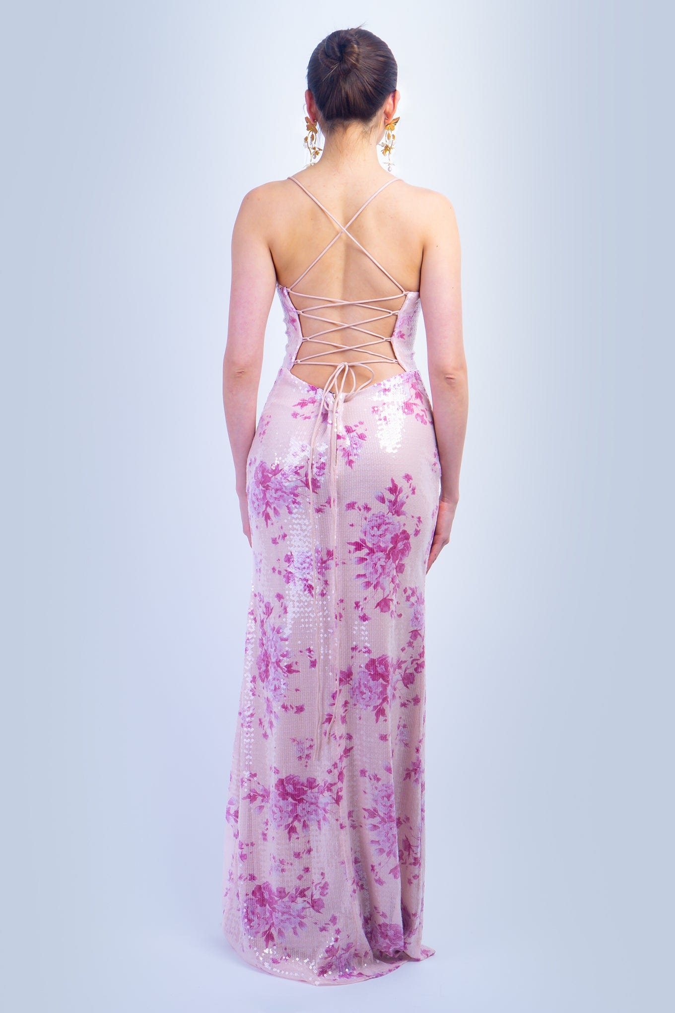 DCD DRESSES Pink Floral Sequins Sweetheart Straps Gown