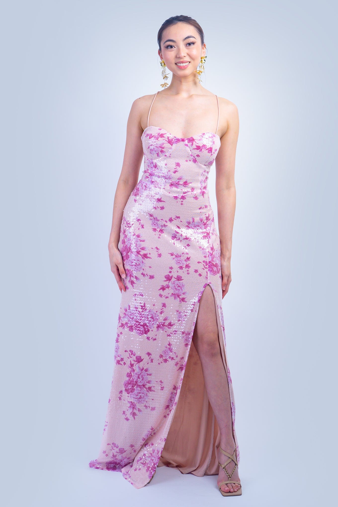 DCD DRESSES Pink Floral Sequins Sweetheart Straps Gown