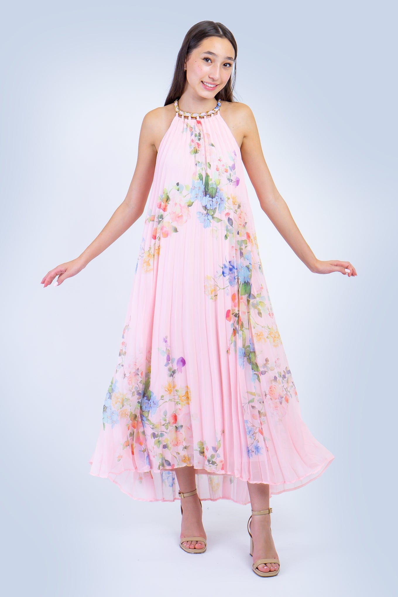 DCD DRESSES Pink Floral Sleeveless Chain Halter Pleated Dress