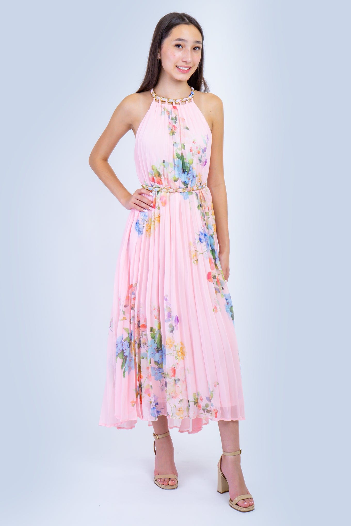 DCD DRESSES Pink Floral Sleeveless Chain Halter Pleated Dress