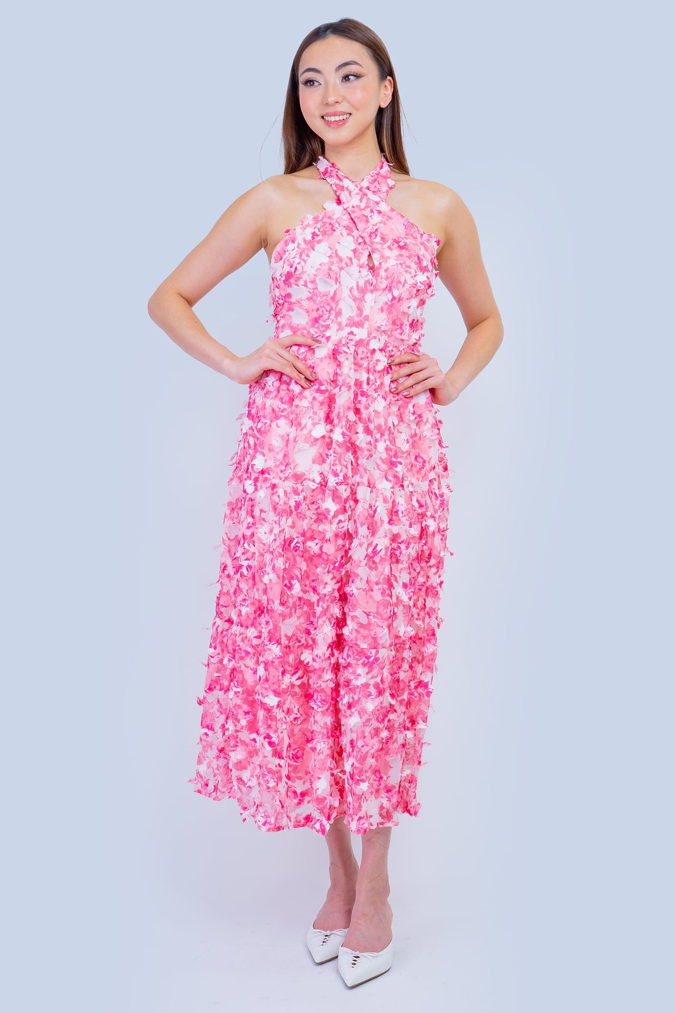DCD DRESSES Pink White 3D Halter Midi Dress