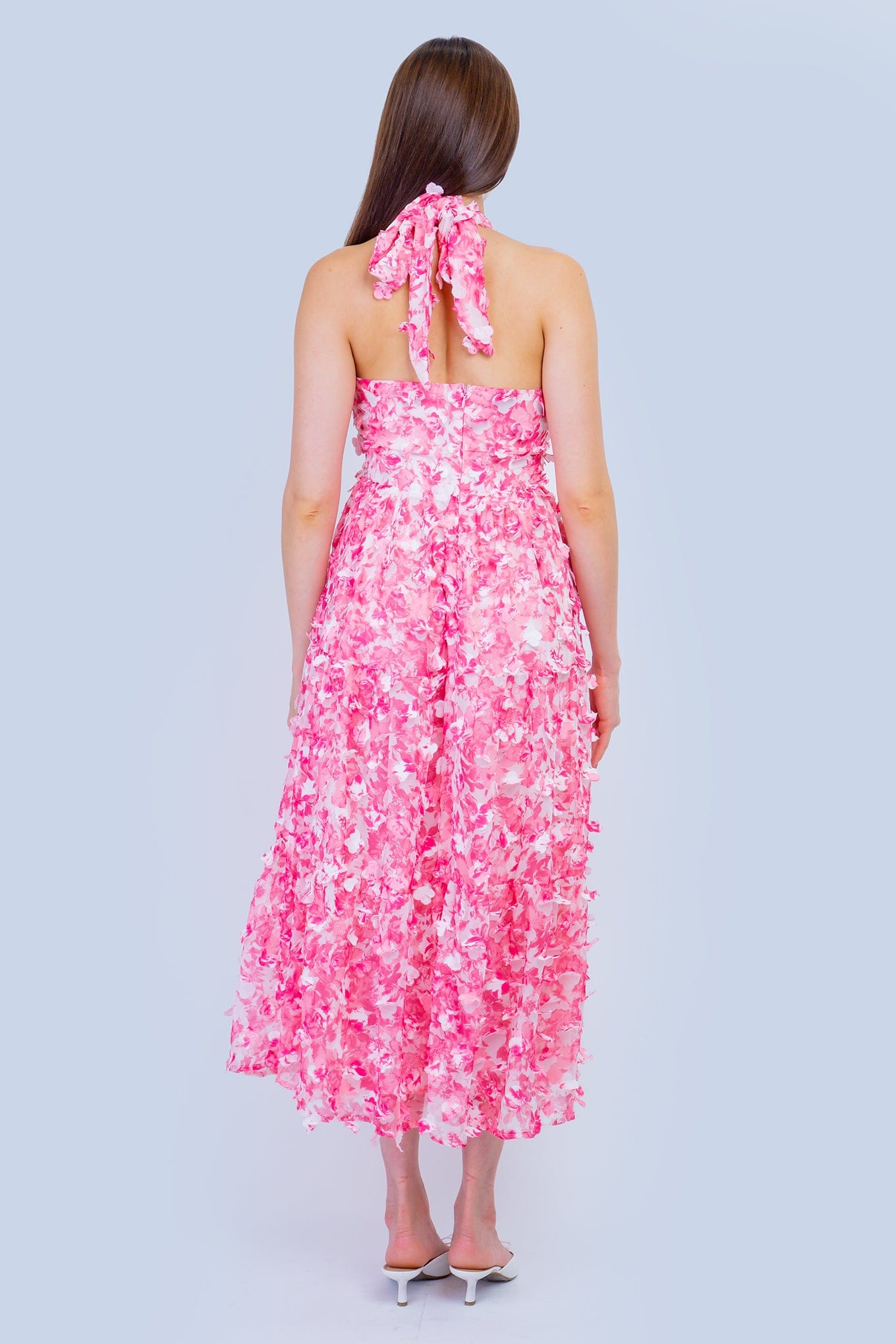 DCD DRESSES Pink White 3D Halter Midi Dress