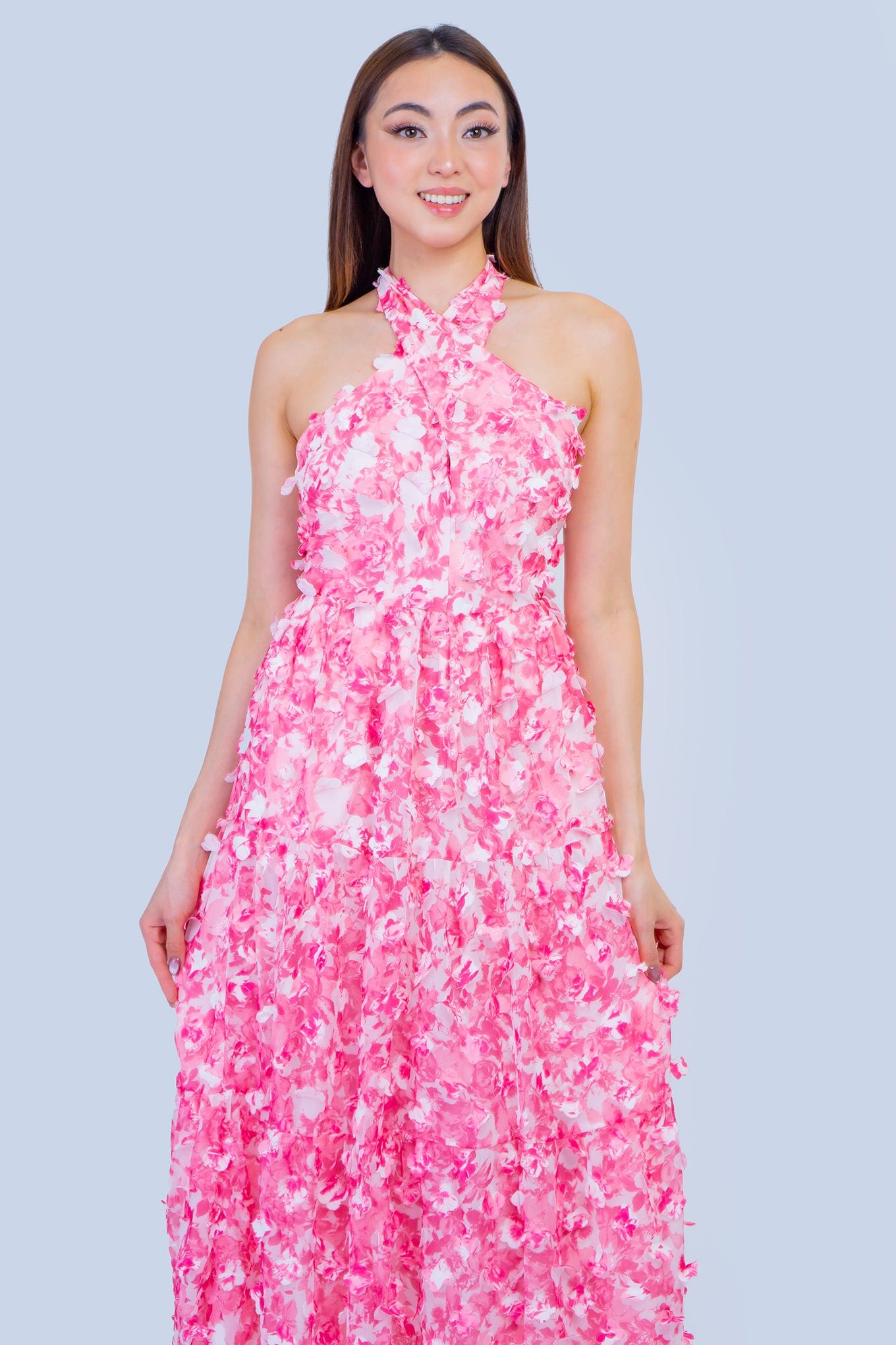 DCD DRESSES Pink White 3D Halter Midi Dress