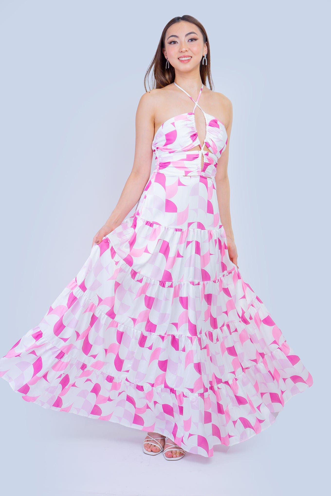 DCD DRESSES Pink White Geo Halter Maxi Dress
