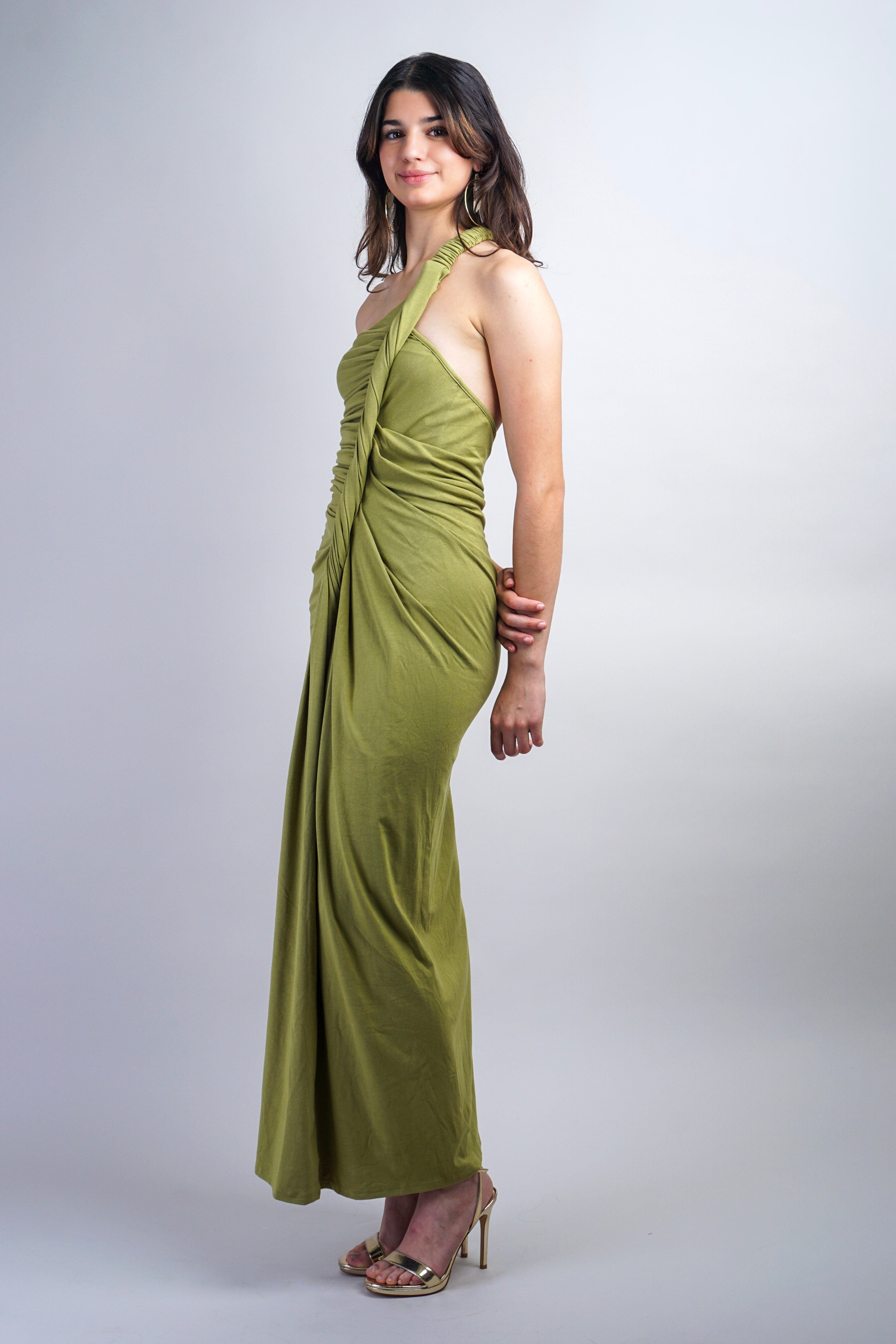Private Label DRESSES Pistachio Twisted Draped High Slit Gown