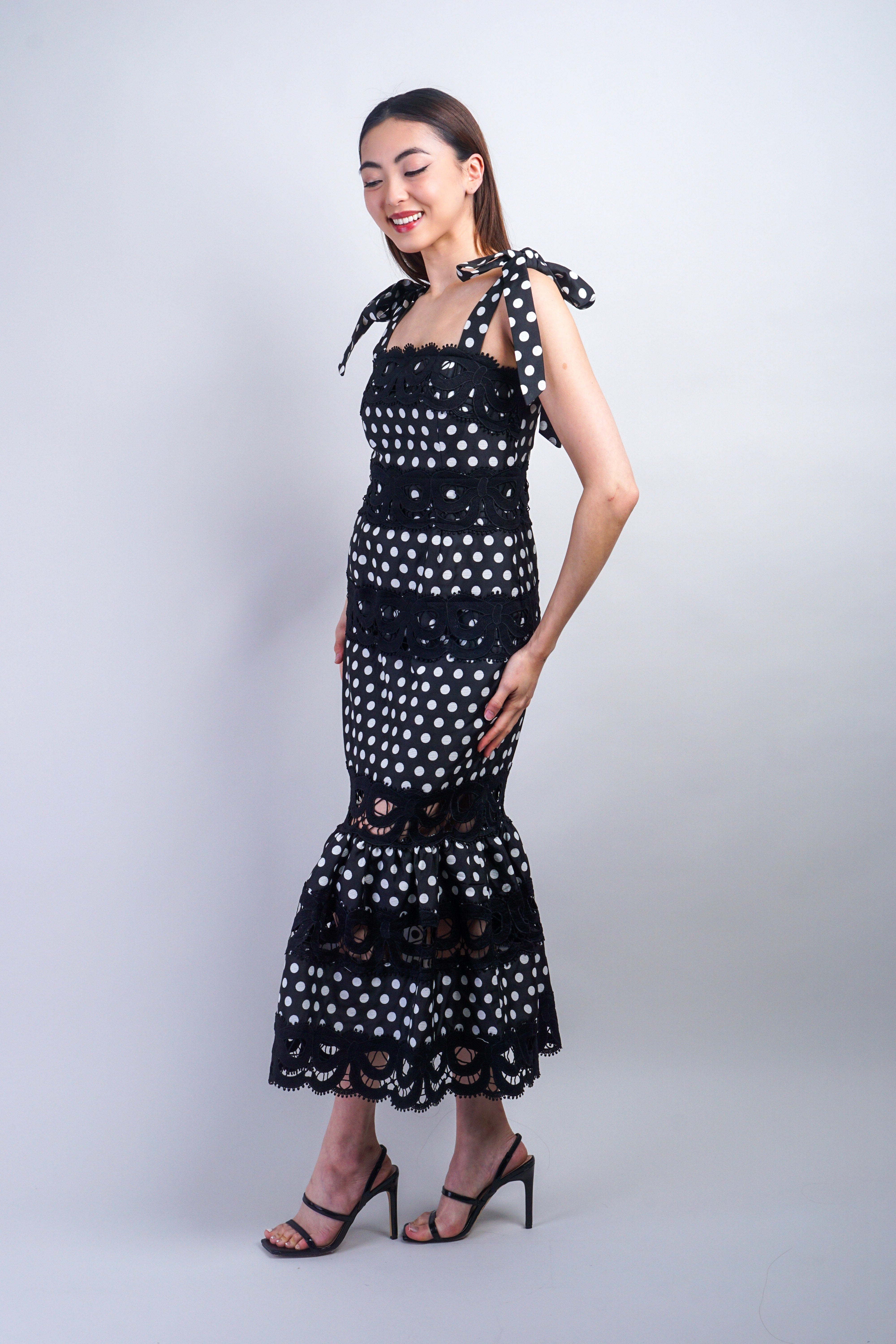 Private Label DRESSES Polka Dot Lace Trim Midi Dress