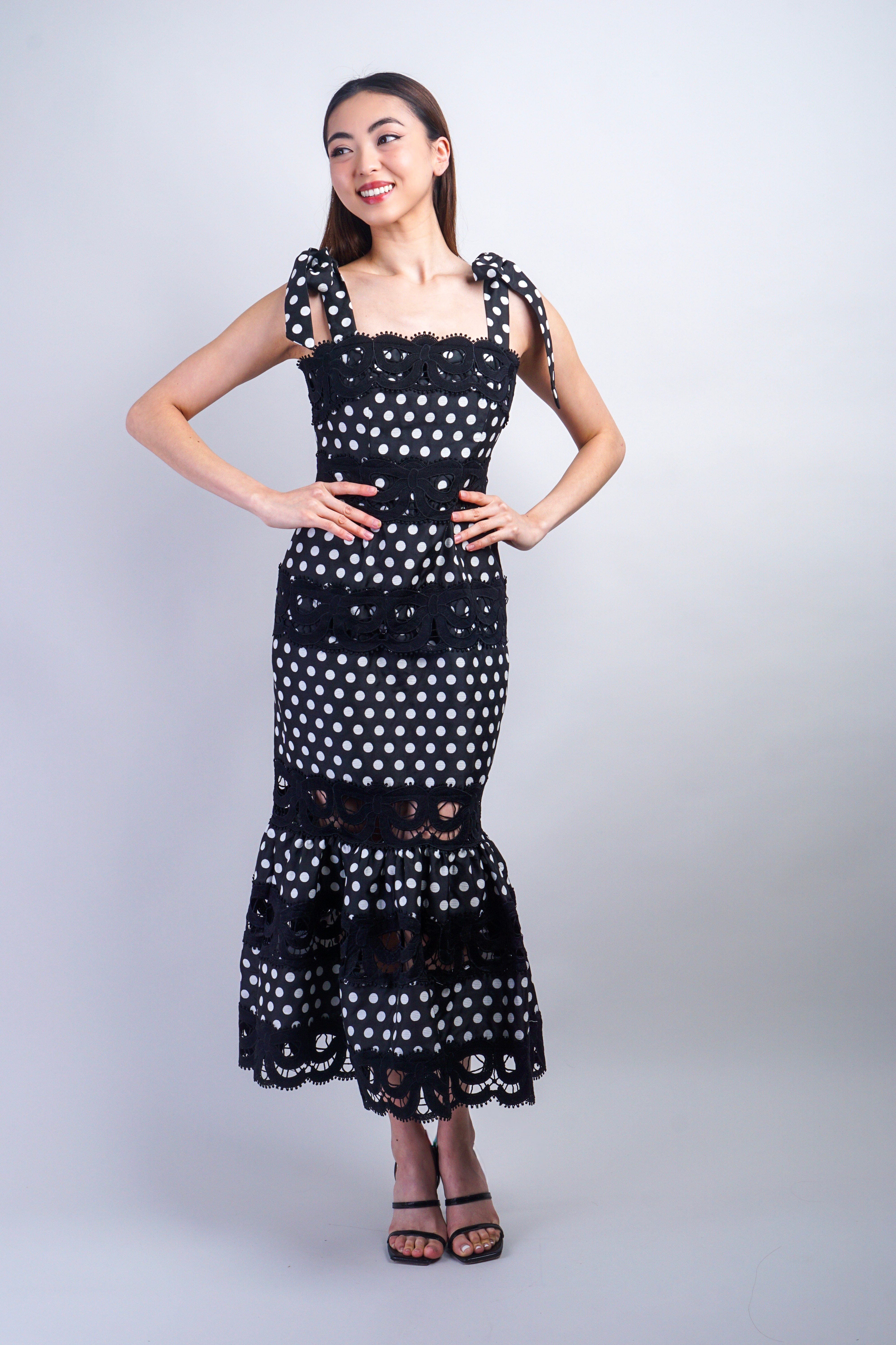 Private Label DRESSES Polka Dot Lace Trim Midi Dress